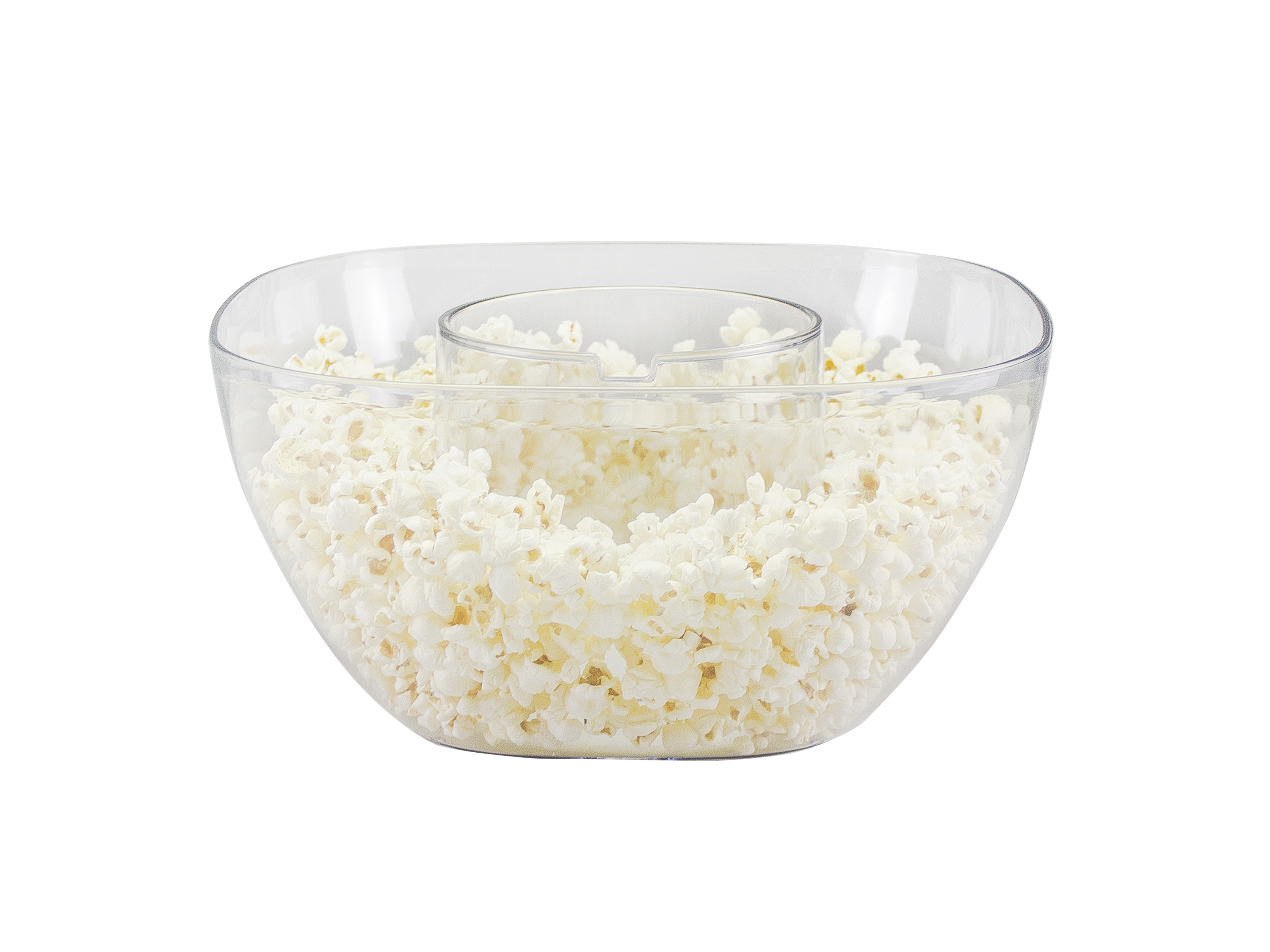 Una ciotola ovale trasparente piena di popcorn, con una ciotola più piccola al centro, su sfondo bianco.