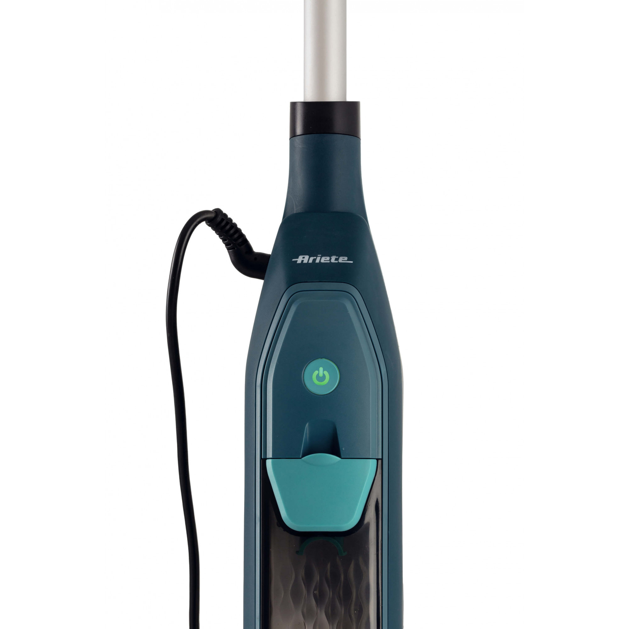Ein Dampfmopp in Teal und Schwarz vor weißem Hintergrund. Enthält einen Netzschalter und ein schwarzes Kabel.