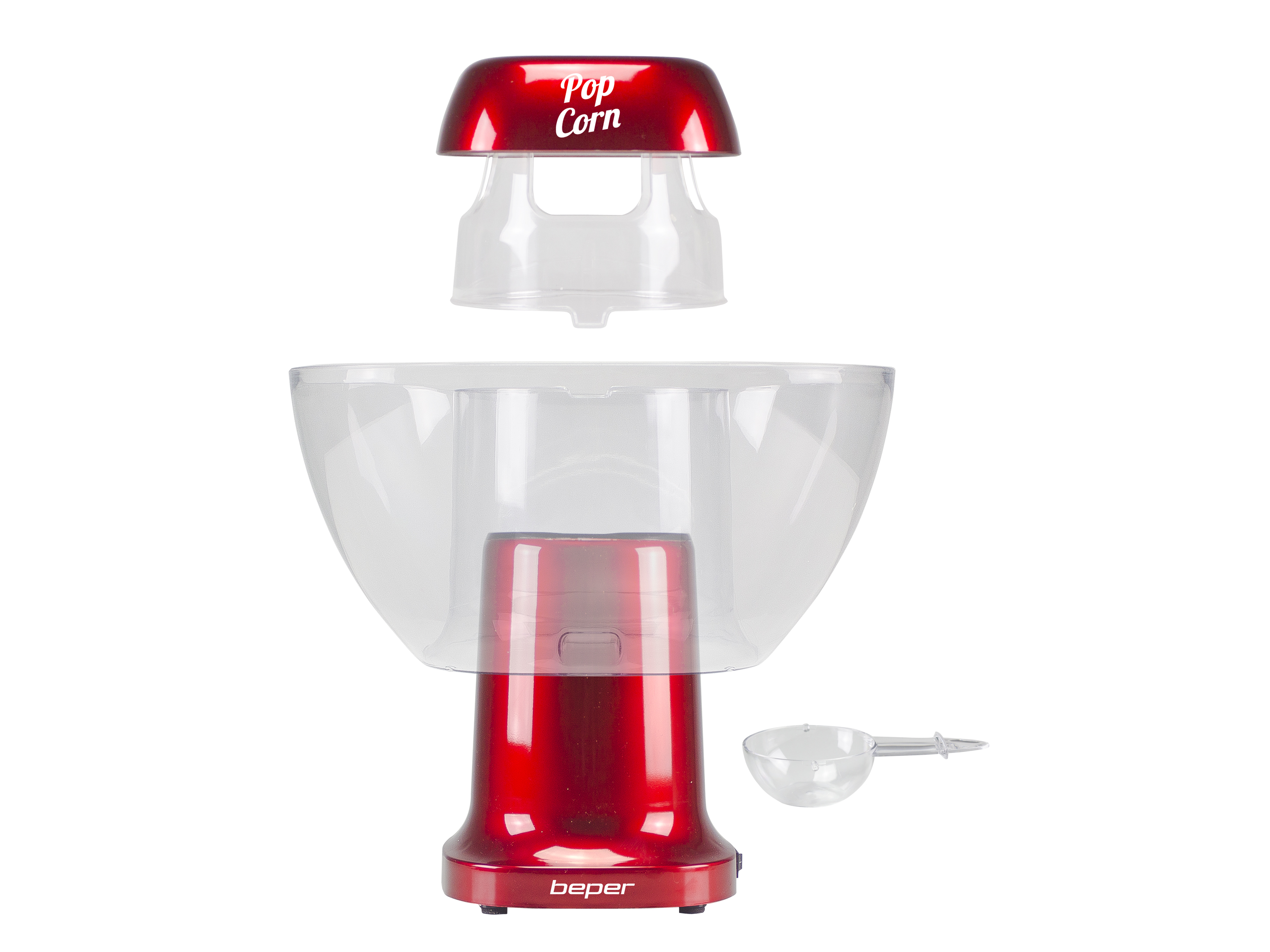 Una macchina per popcorn rossa smontata con componenti in plastica trasparente e un misurino su sfondo bianco.