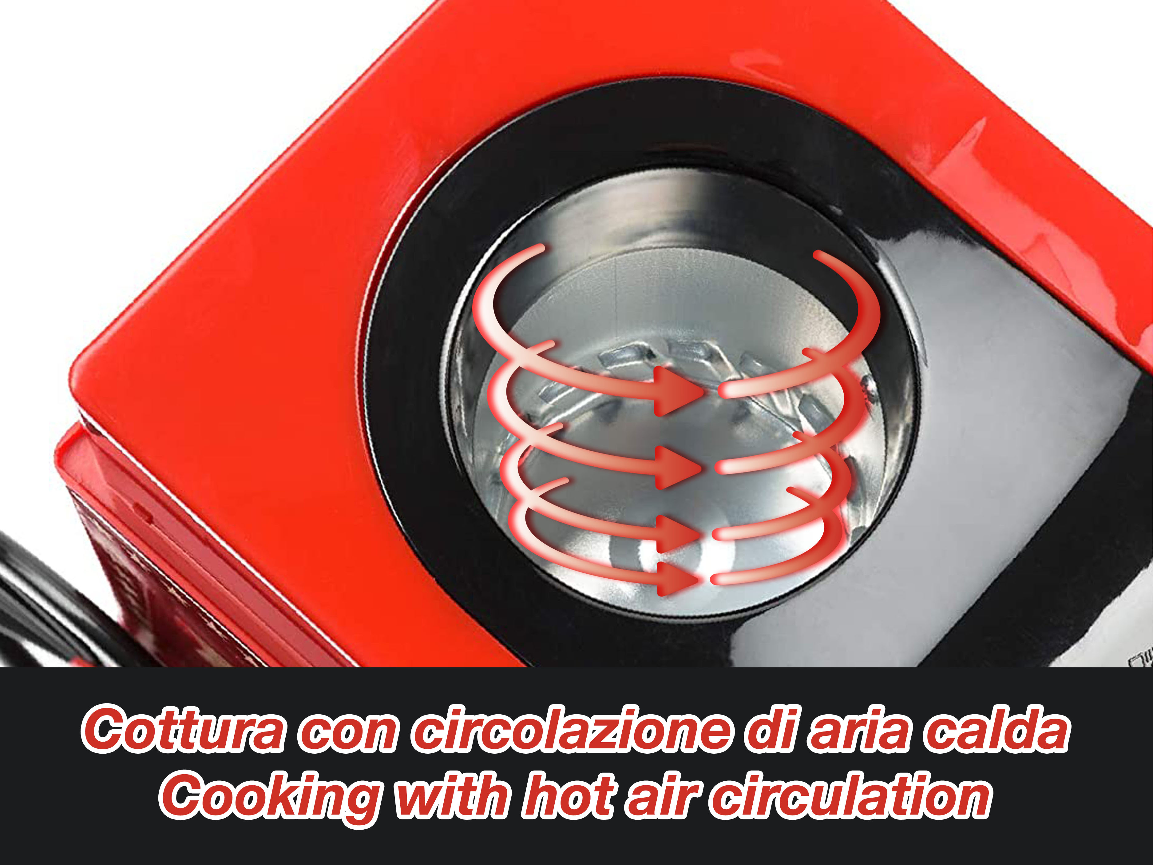 Un elettrodomestico rosso e nero mostra la circolazione dell'aria calda con frecce. Testo: Cuocere con la circolazione dell'aria calda.