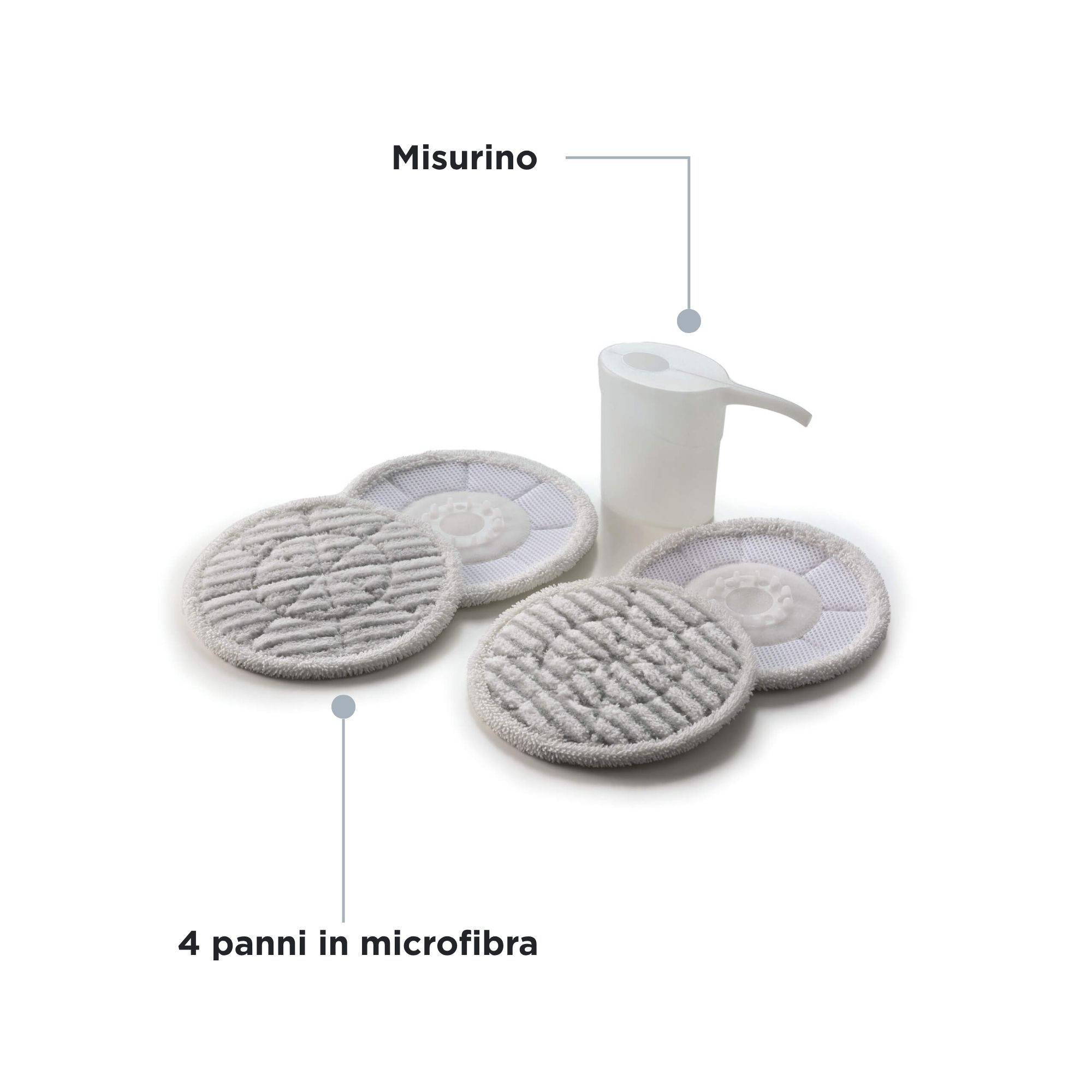 Das Bild zeigt einen weißen Messbecher, vier Mikrofasertücher und Textbeschriftungen auf Italienisch.