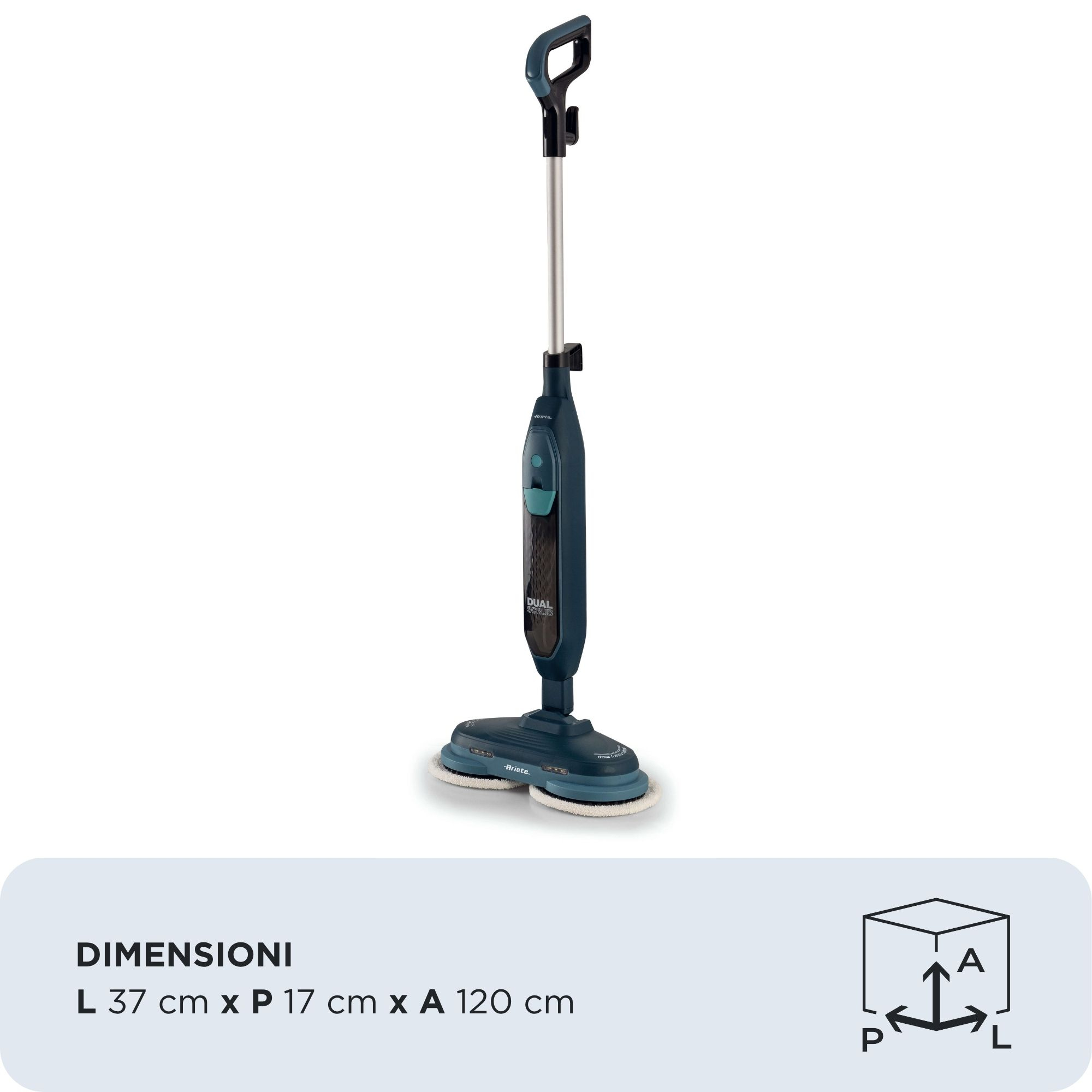 Ein blauer und türkisfarbener Dampfmopp wird gezeigt. Er hat einen langen Griff und einen rechteckigen Reinigungskopf. Maße: L37cm, P17cm, A120cm.