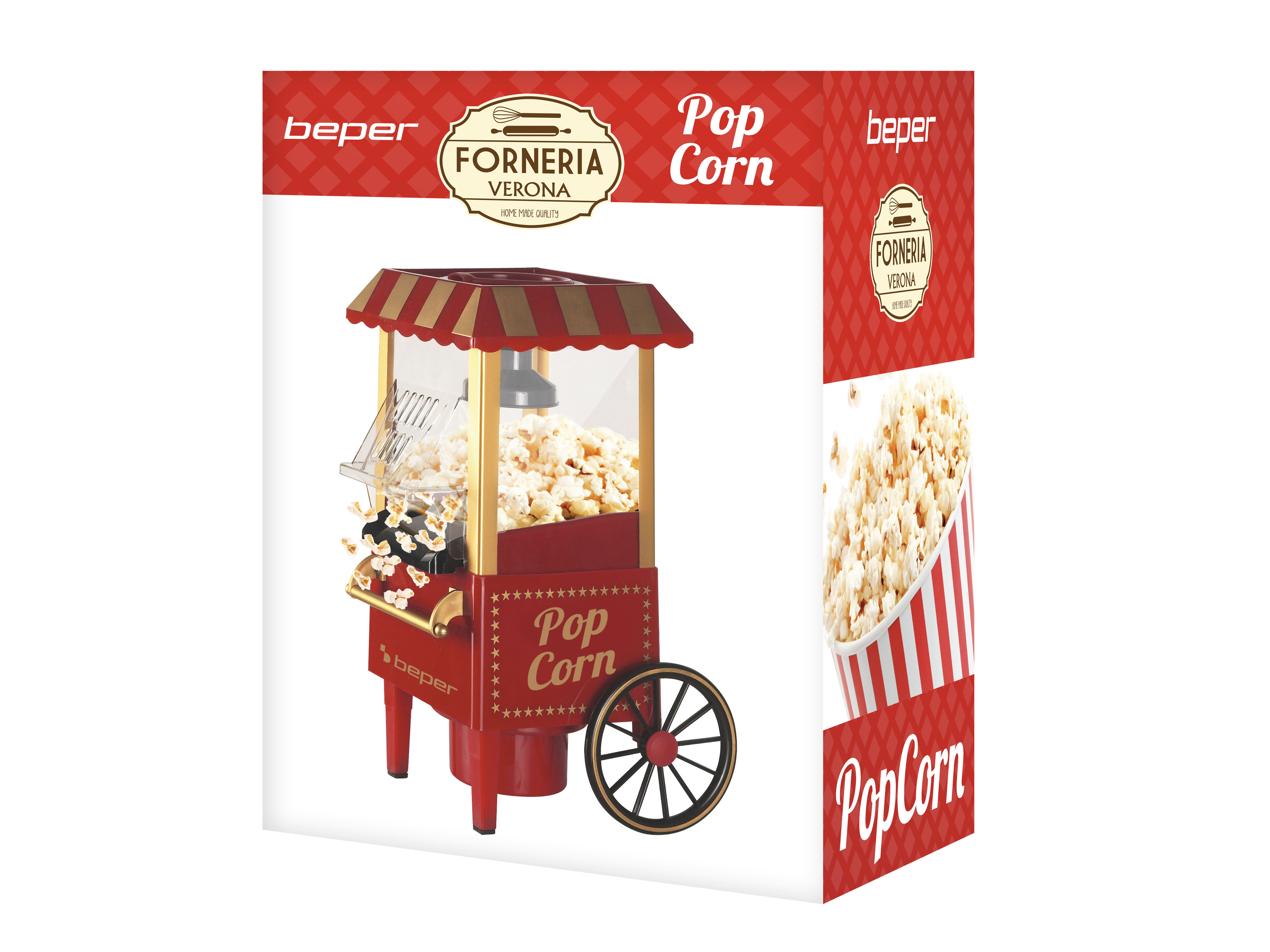 Una macchina per popcorn rossa con una scatola di popcorn su sfondo bianco. La macchina ha una tenda da sole rossa.