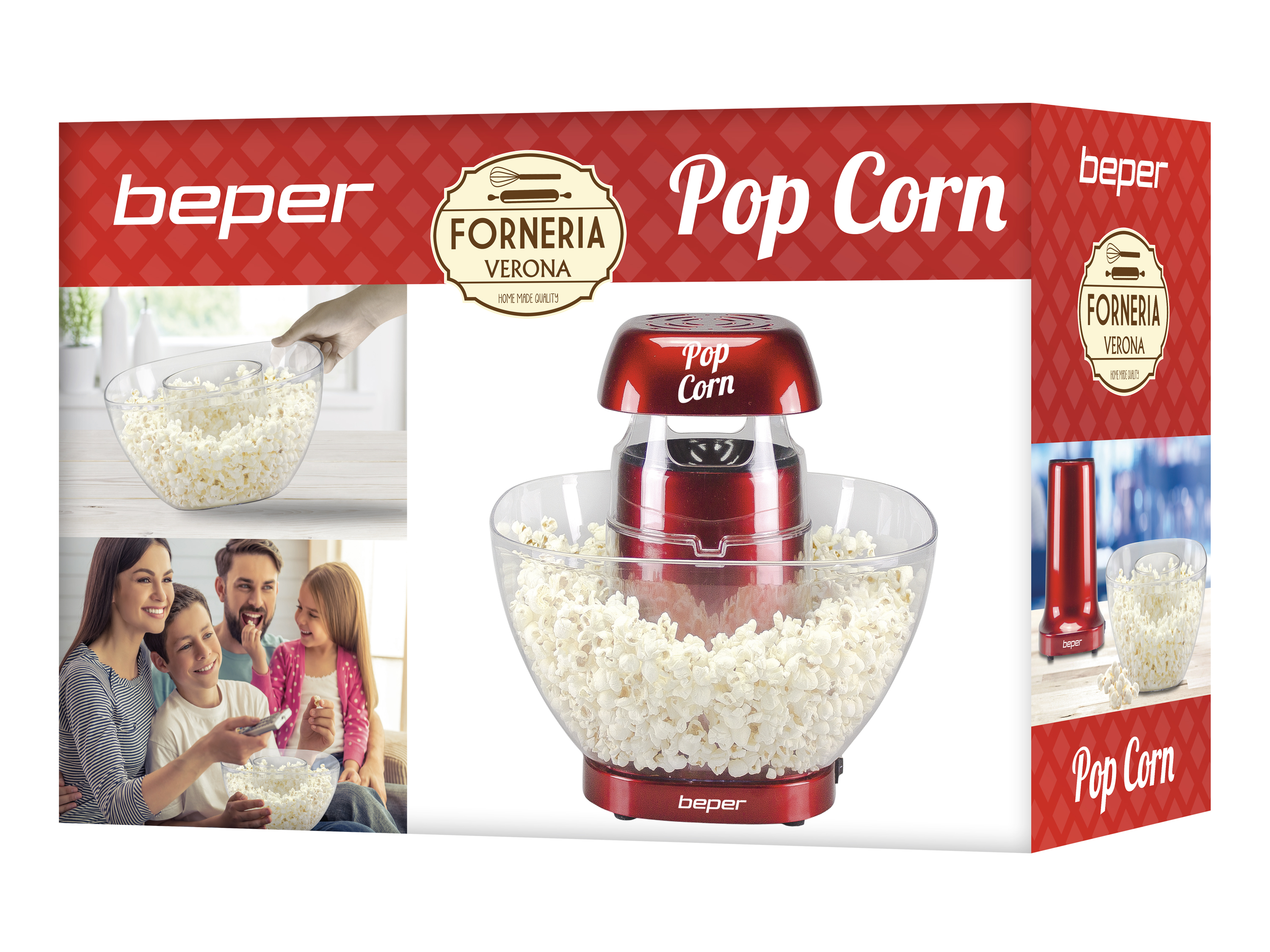 Un produttore di popcorn rosso, una famiglia che guarda la TV e una ciotola di popcorn sono in mostra. Il marchio è Beper.