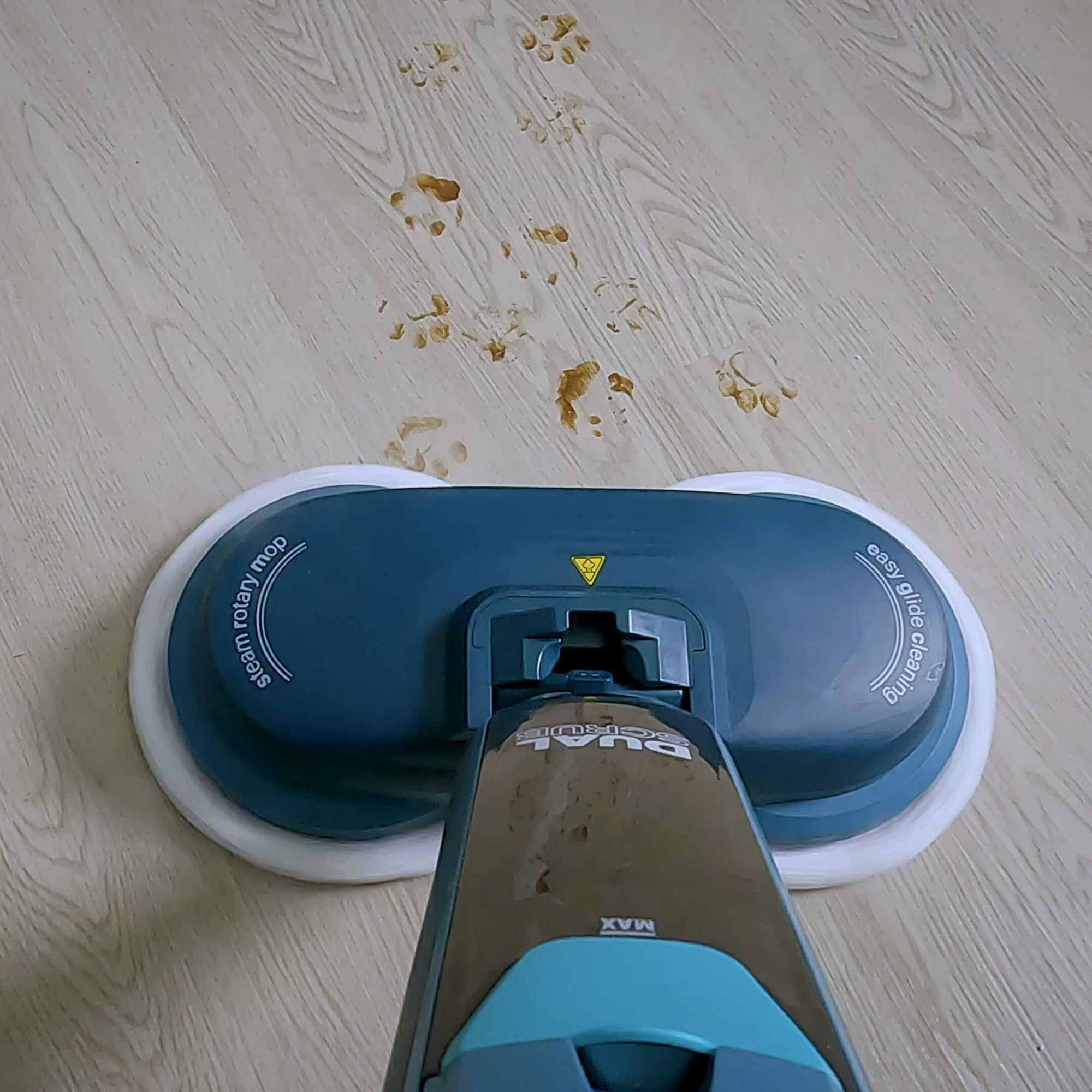 Ein Dampfrotationswischer reinigt einen hellen Boden in Holzoptik mit braunen Pfotenabdrücken. Der Wischer ist dunkelblau und schwarz.