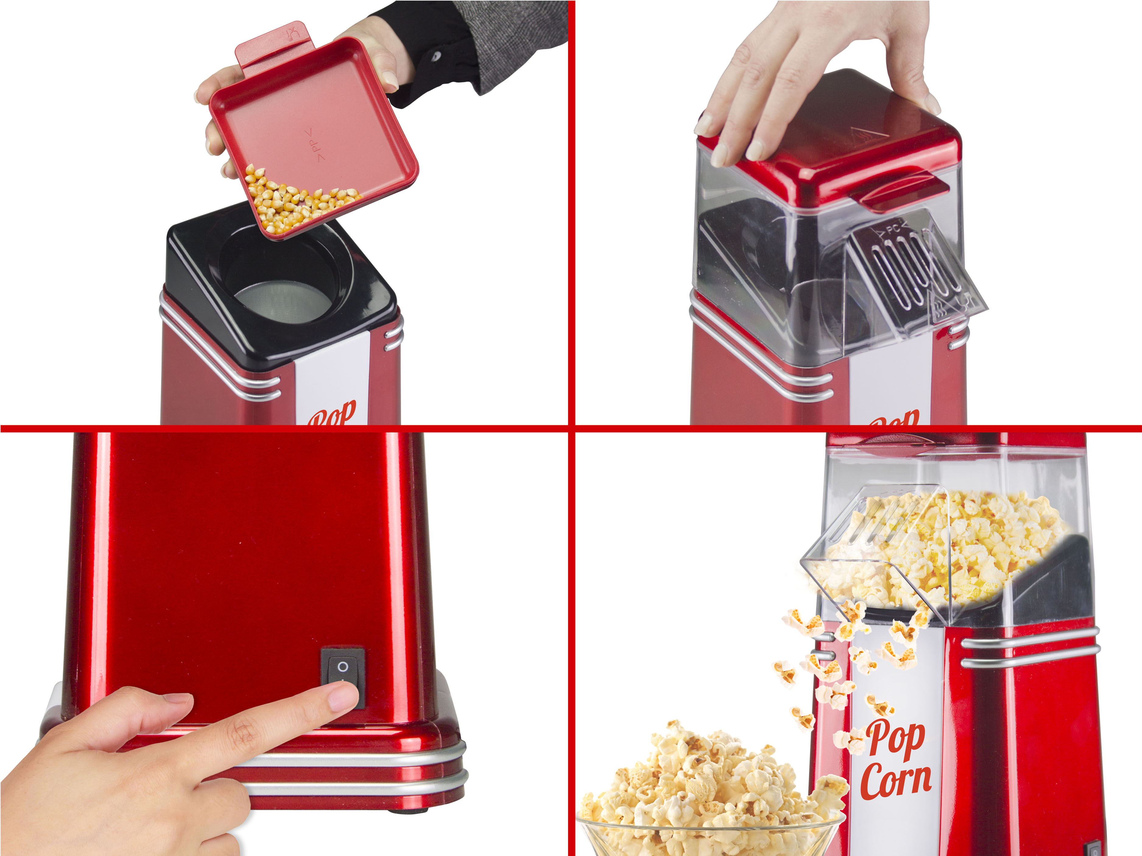 Una macchina per popcorn rossa in uso. Il mais viene versato, poi scoppia. I popcorn cadono in una ciotola.