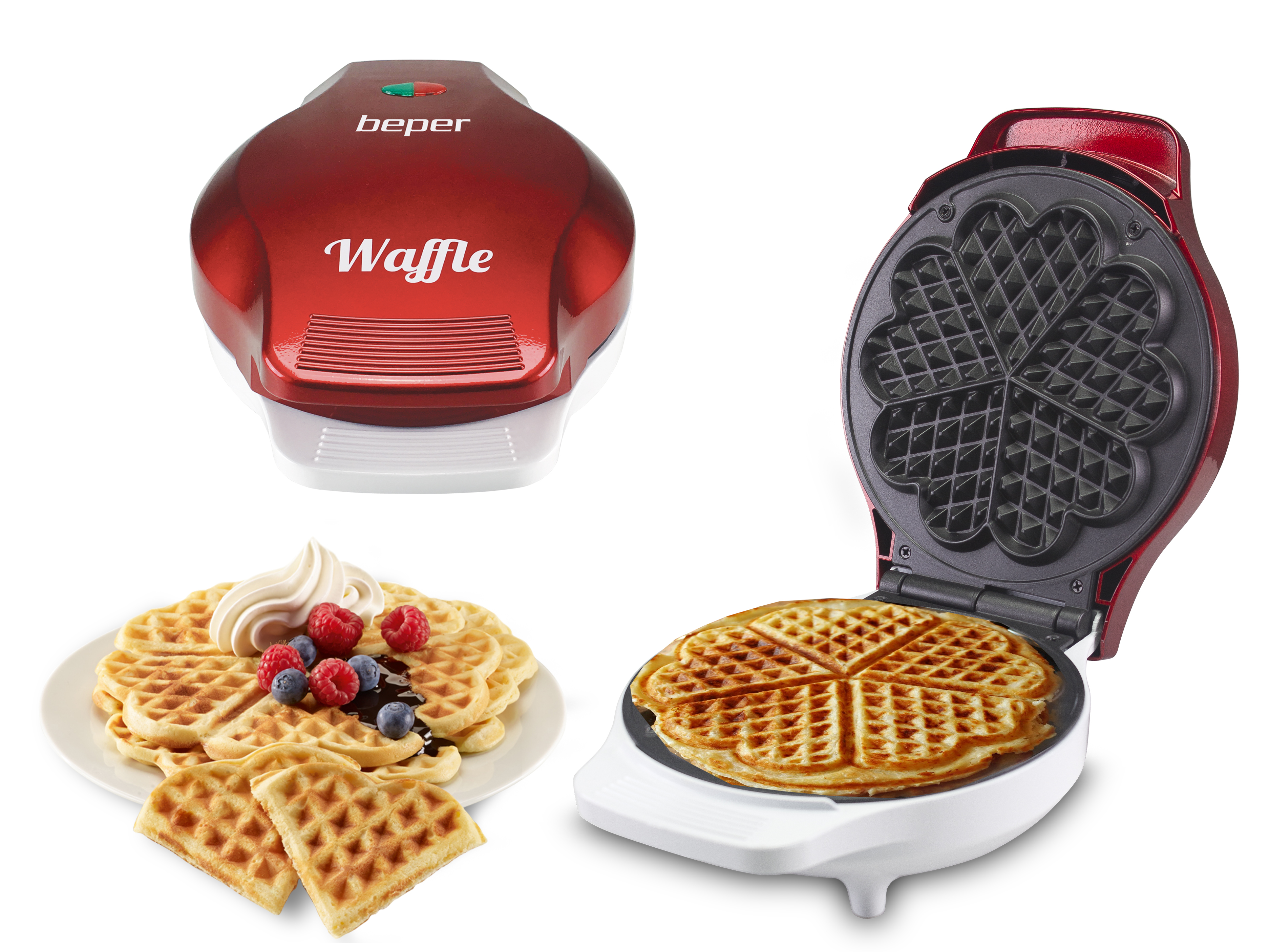 L'immagine mostra una macchina per waffle, waffle con condimenti e una macchina per waffle. Tutto su sfondo bianco.