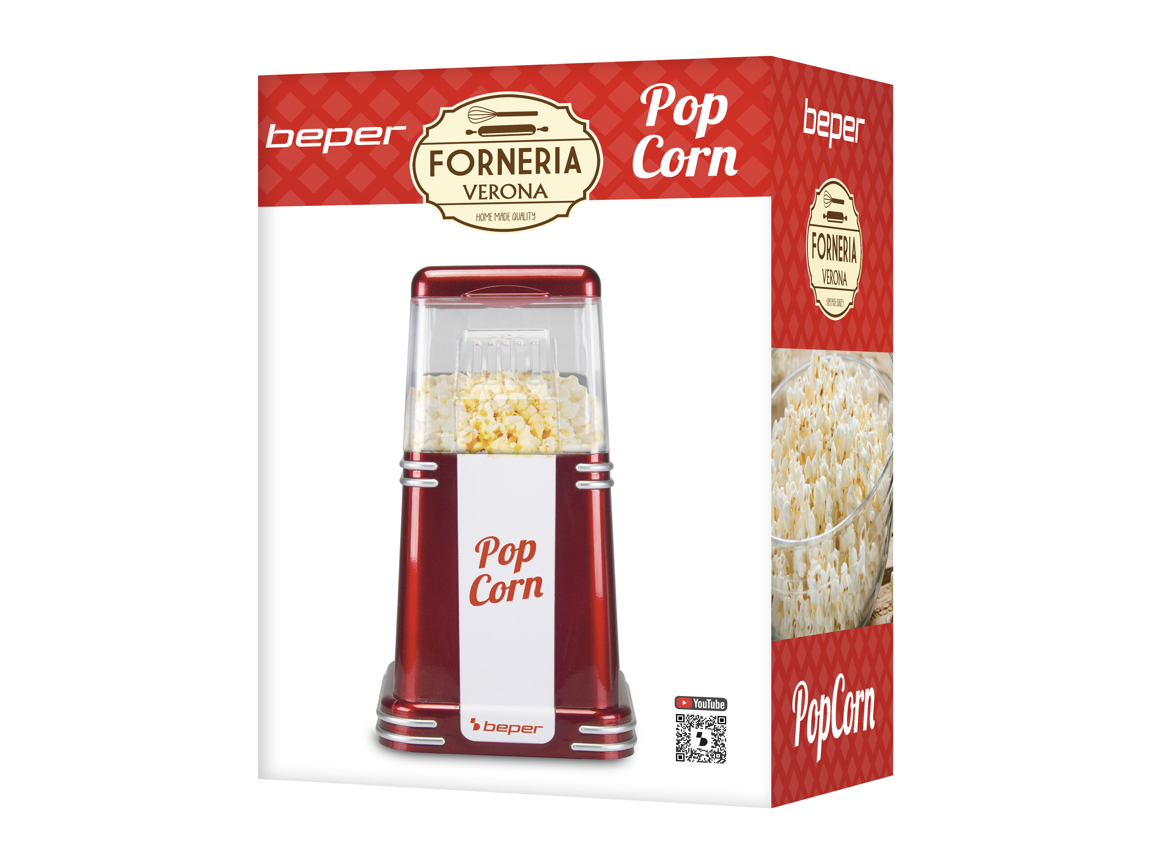 Una scatola rossa e bianca per macchina per popcorn con una macchina per popcorn all'interno. Popcorn è nella macchina e in una ciotola.