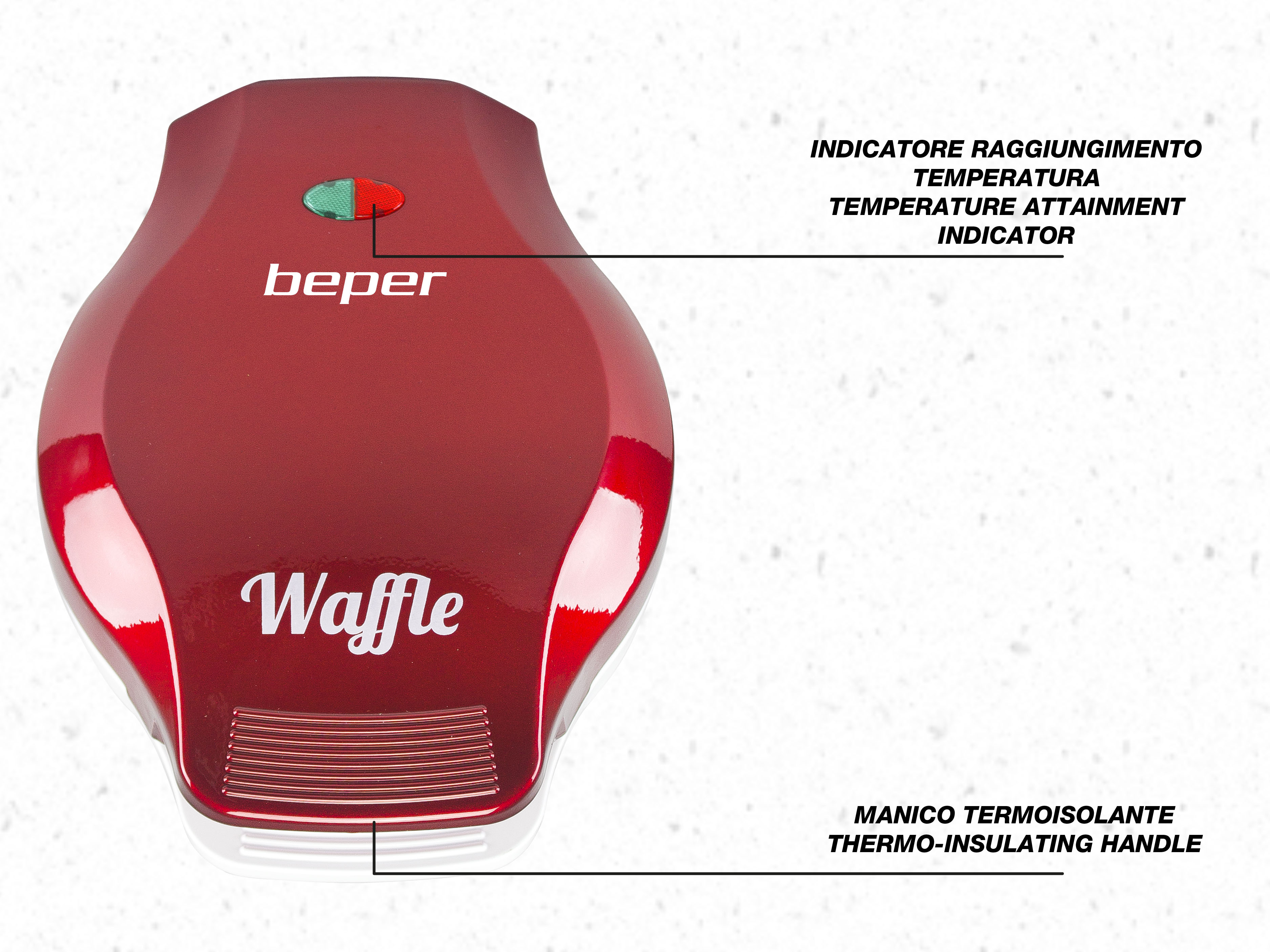 Una piastra per waffle rossa con testo ed etichette bianche. Ha una spia verde e rossa.