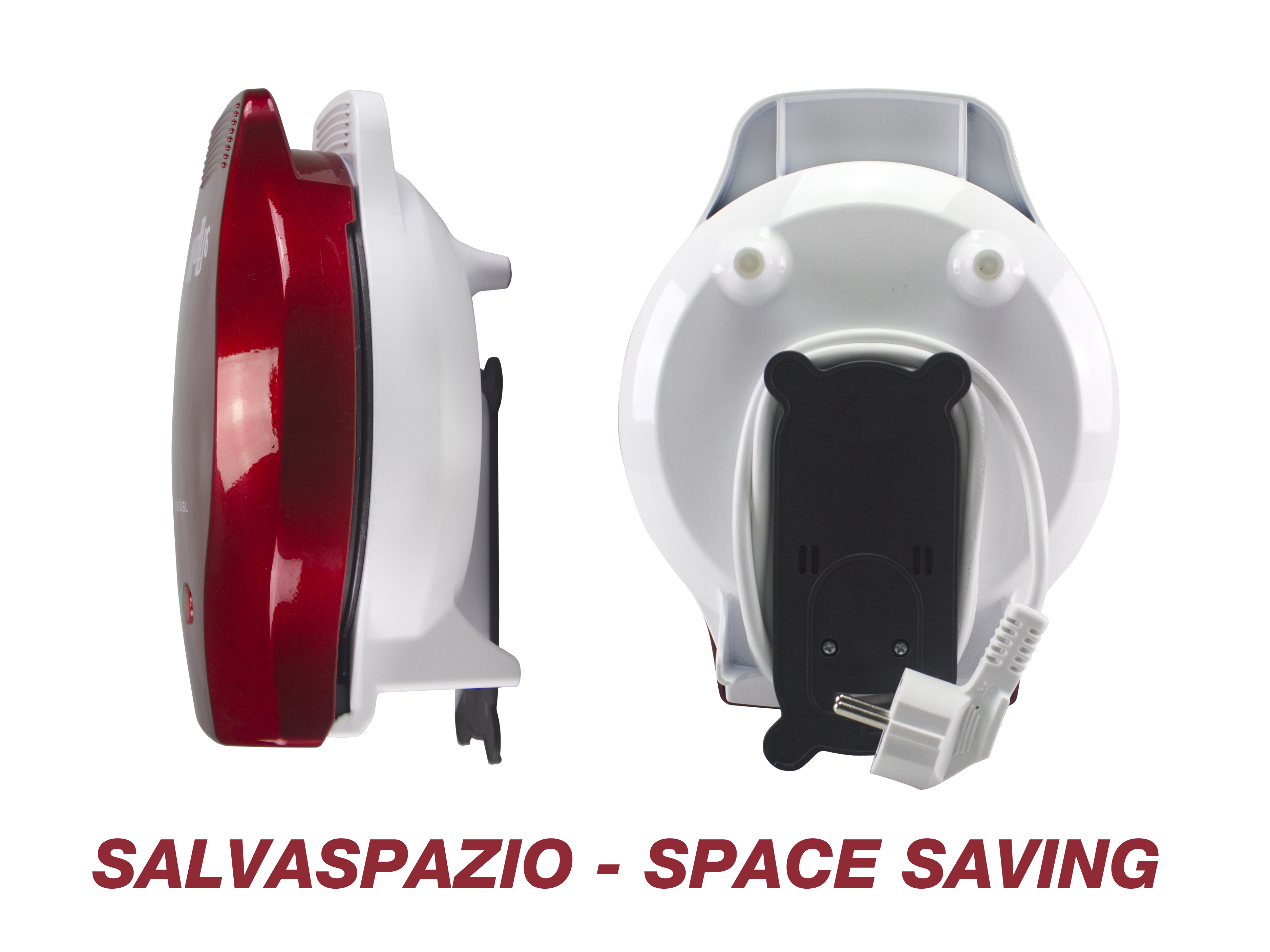 Un elettrodomestico rosso e bianco, forse un oggetto da cucina, è mostrato da due angolazioni. Il testo sottostante recita 'SALVASPAZIO - SPACE SAVING'.