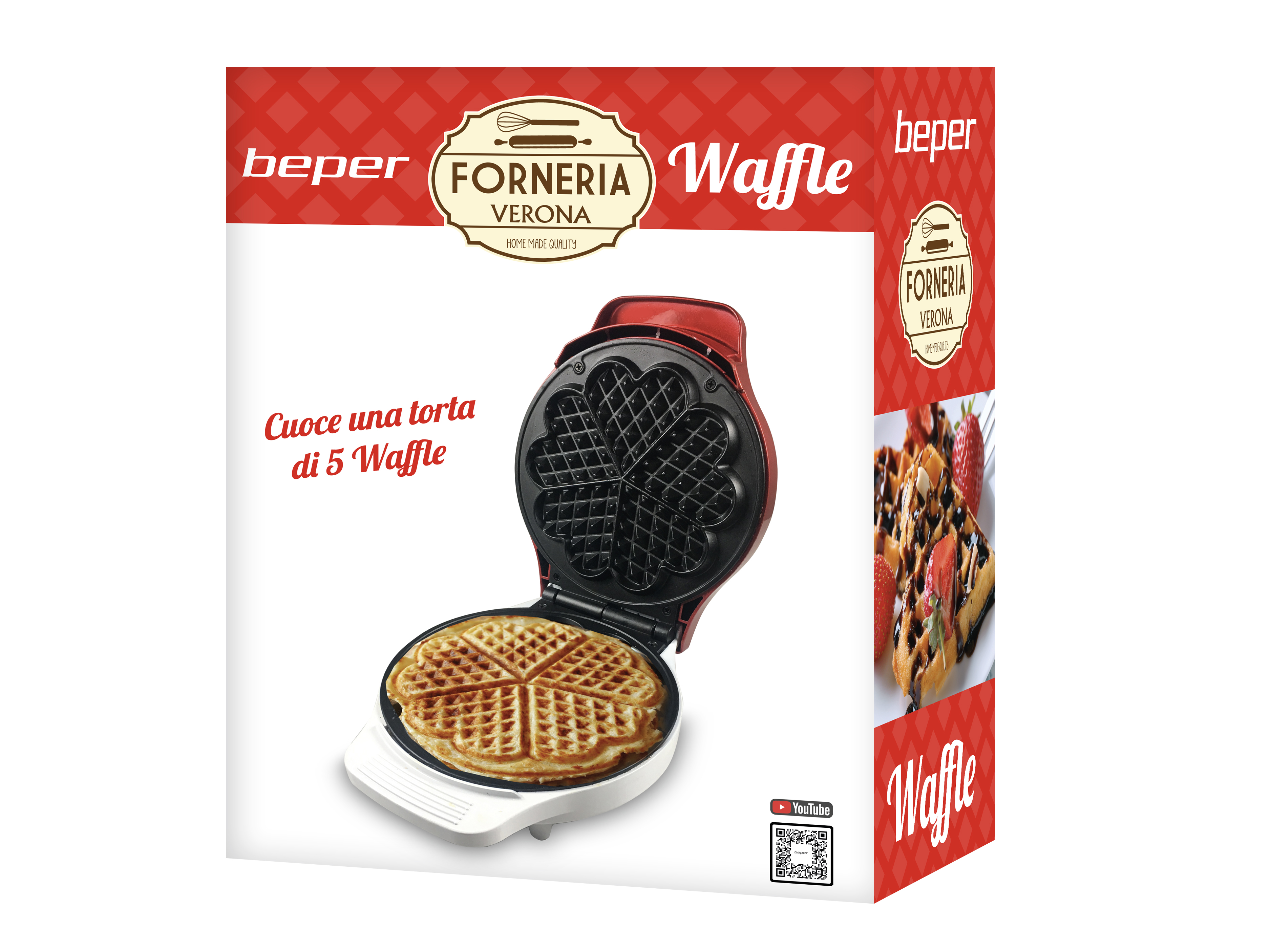 Una scatola per waffle maker rossa e bianca. Mostra una piastra per waffle con waffle cotti all'interno e testo che descrive il prodotto.