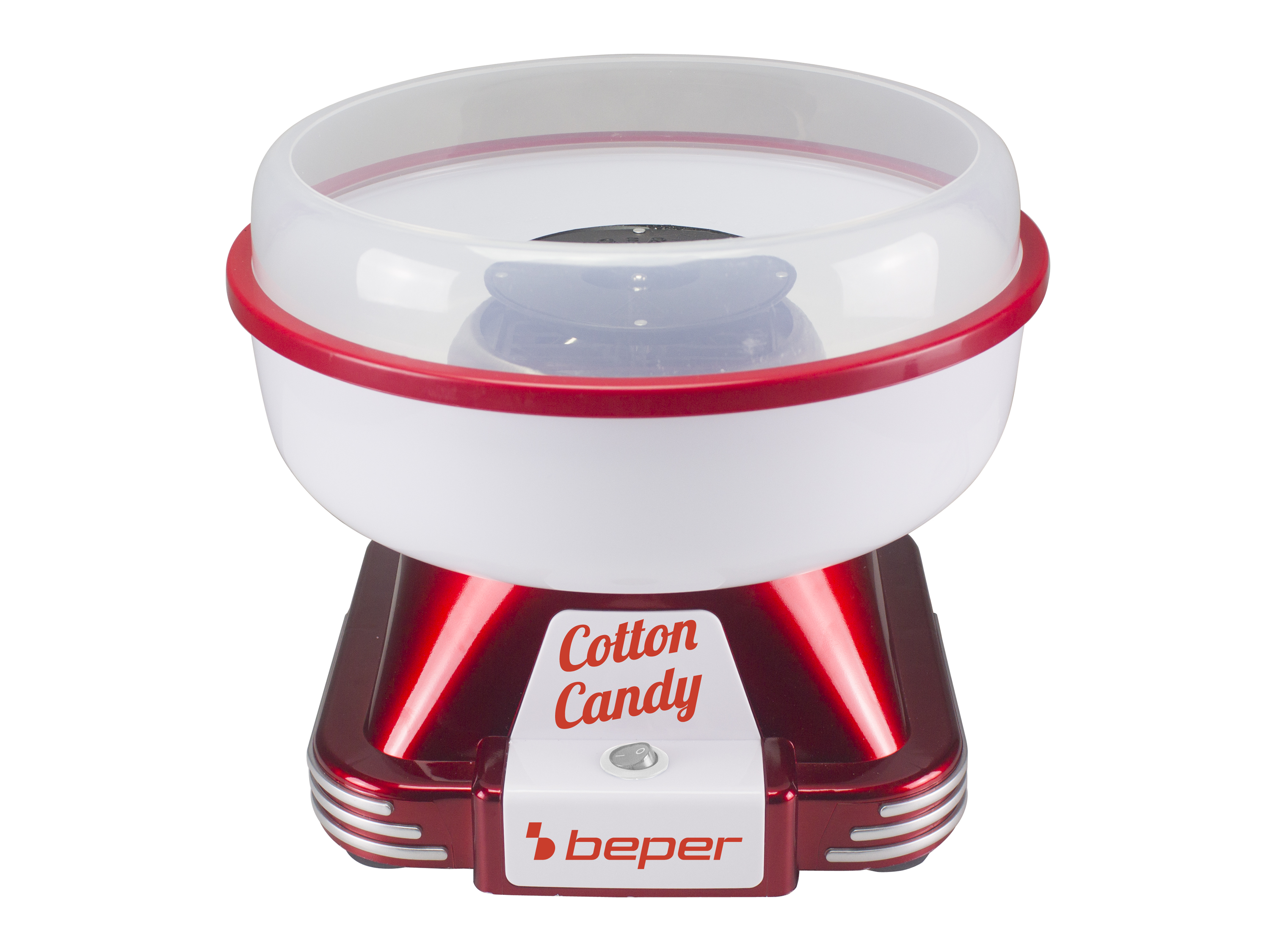 Una macchina per lo zucchero filato rossa e bianca. Ha una ciotola di plastica trasparente e la base dice "Cotton Candy" e "beper".