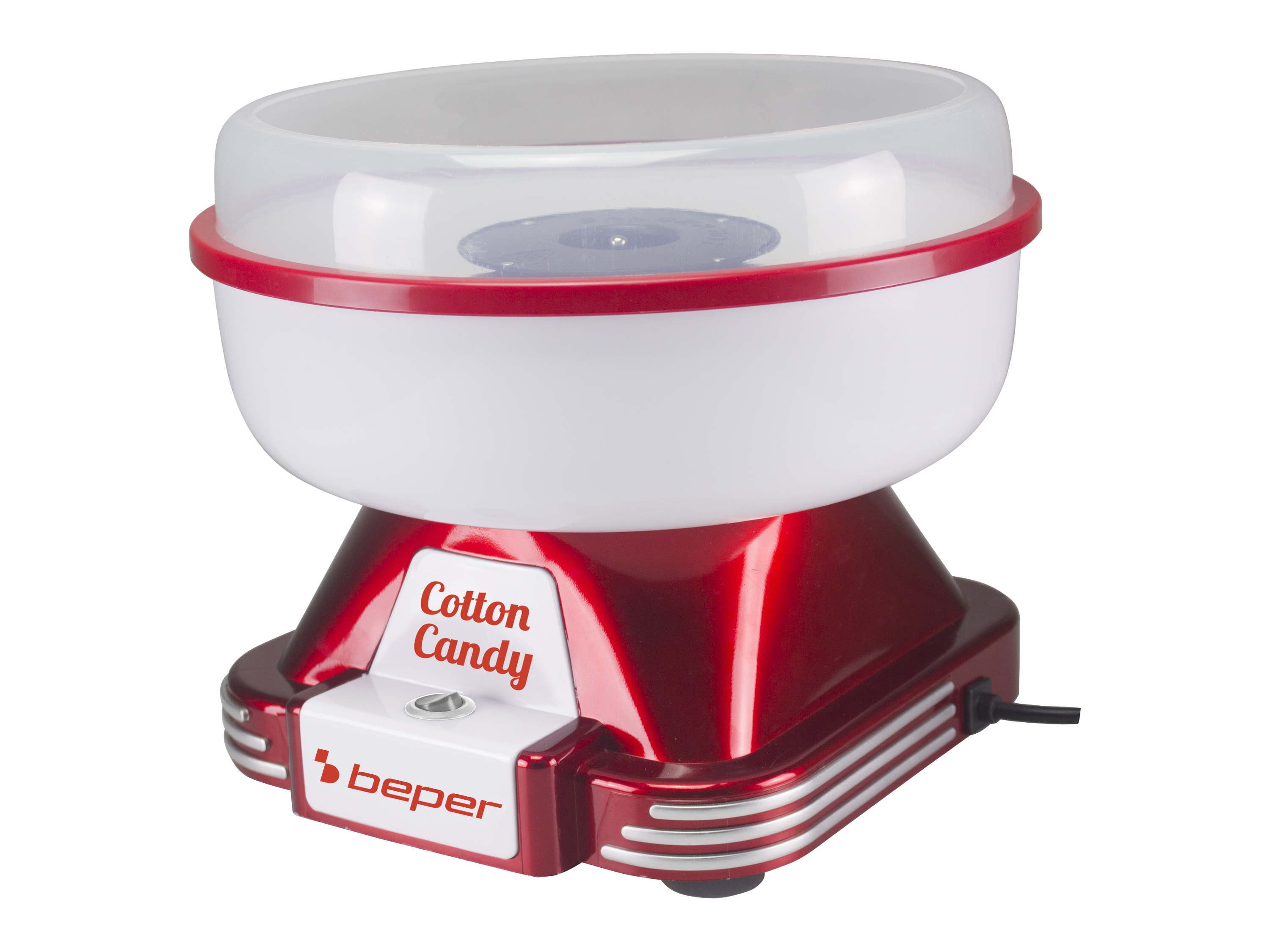 Una macchina per zucchero filato rossa e bianca, con coperchio trasparente. Ha una base rossa con 'Cotton Candy'.