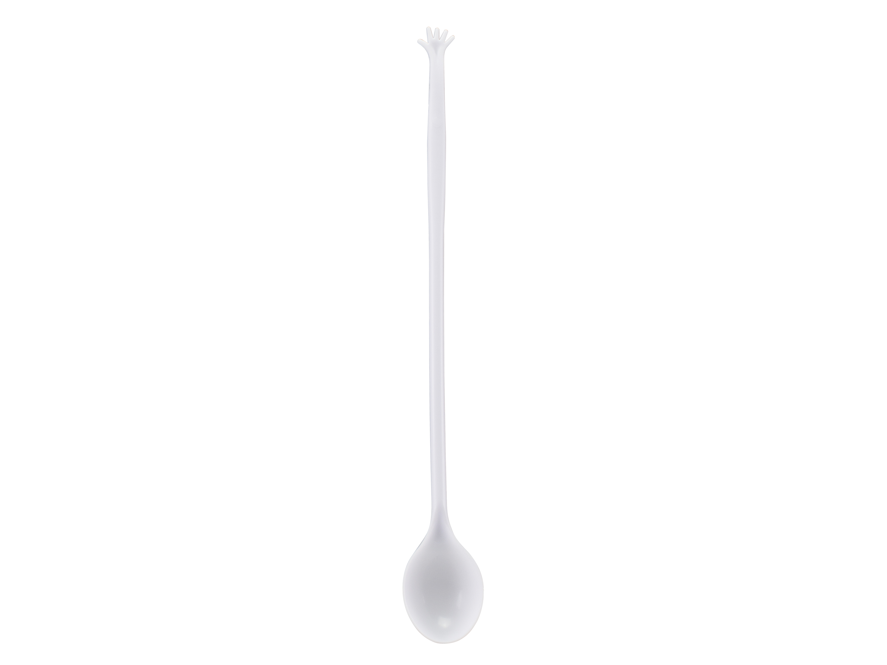 Un cucchiaio bianco con manico lungo e testa piccola, su sfondo bianco. Il manico termina a forma di mano.