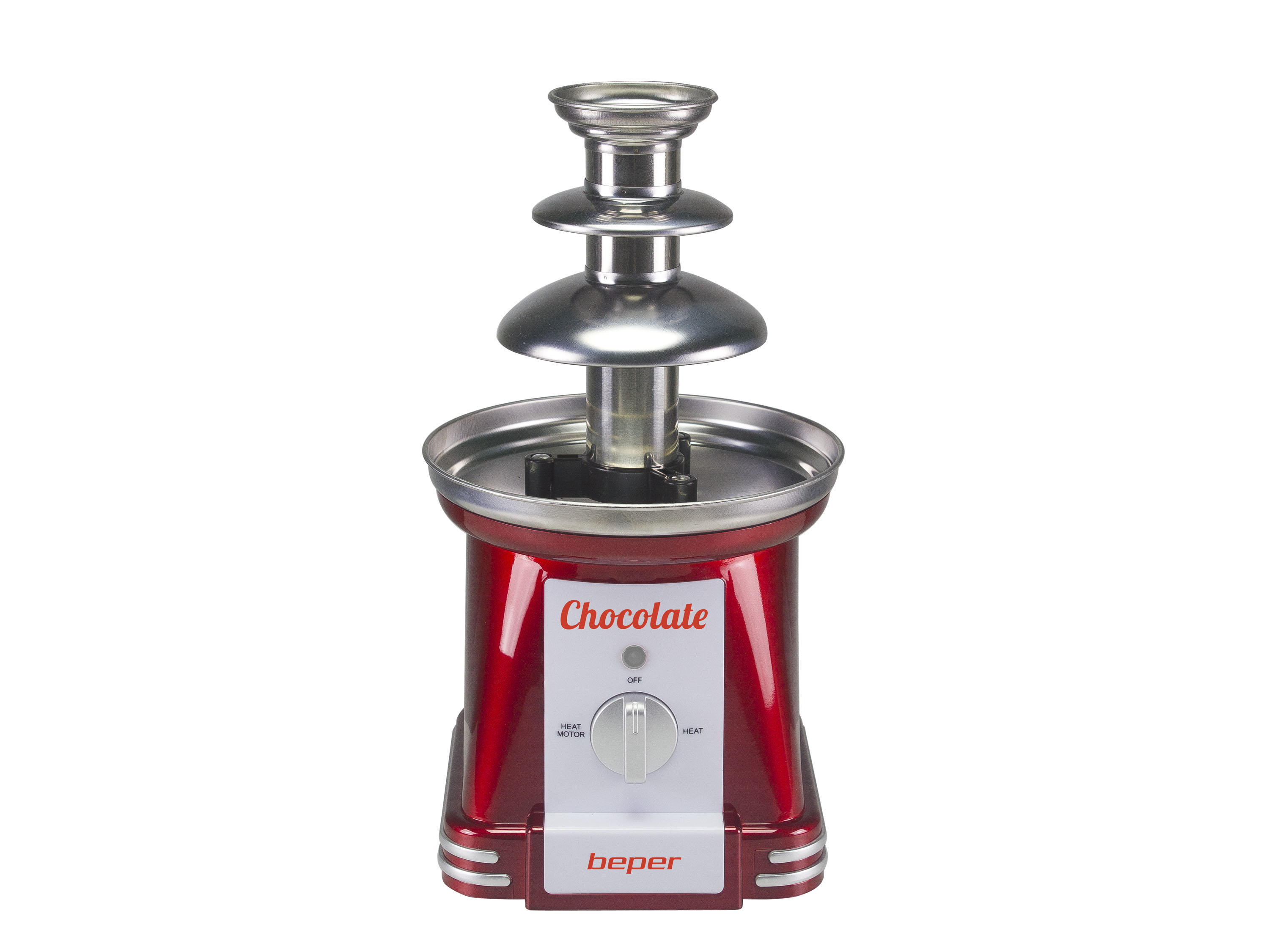Una fontana di cioccolato rossa con livelli d'argento. Ha una base rossa con comandi e la scritta "Chocolate".