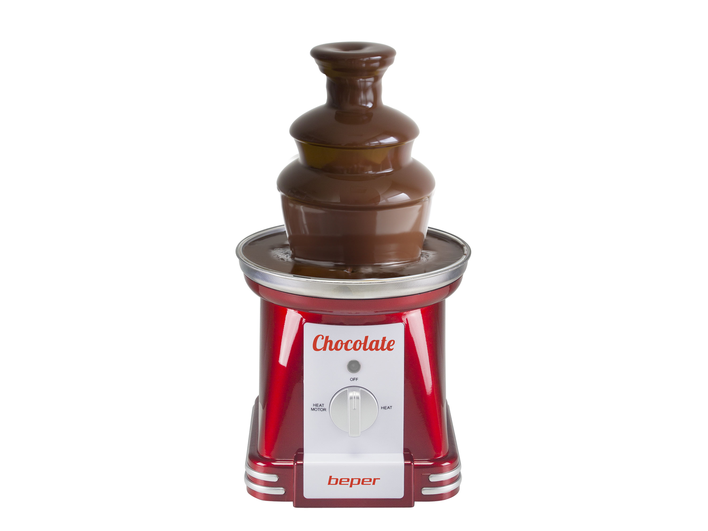 Una fontana di cioccolato rossa con cioccolato marrone che scorre. Ha un interruttore on/off e la scritta 'Chocolate'.