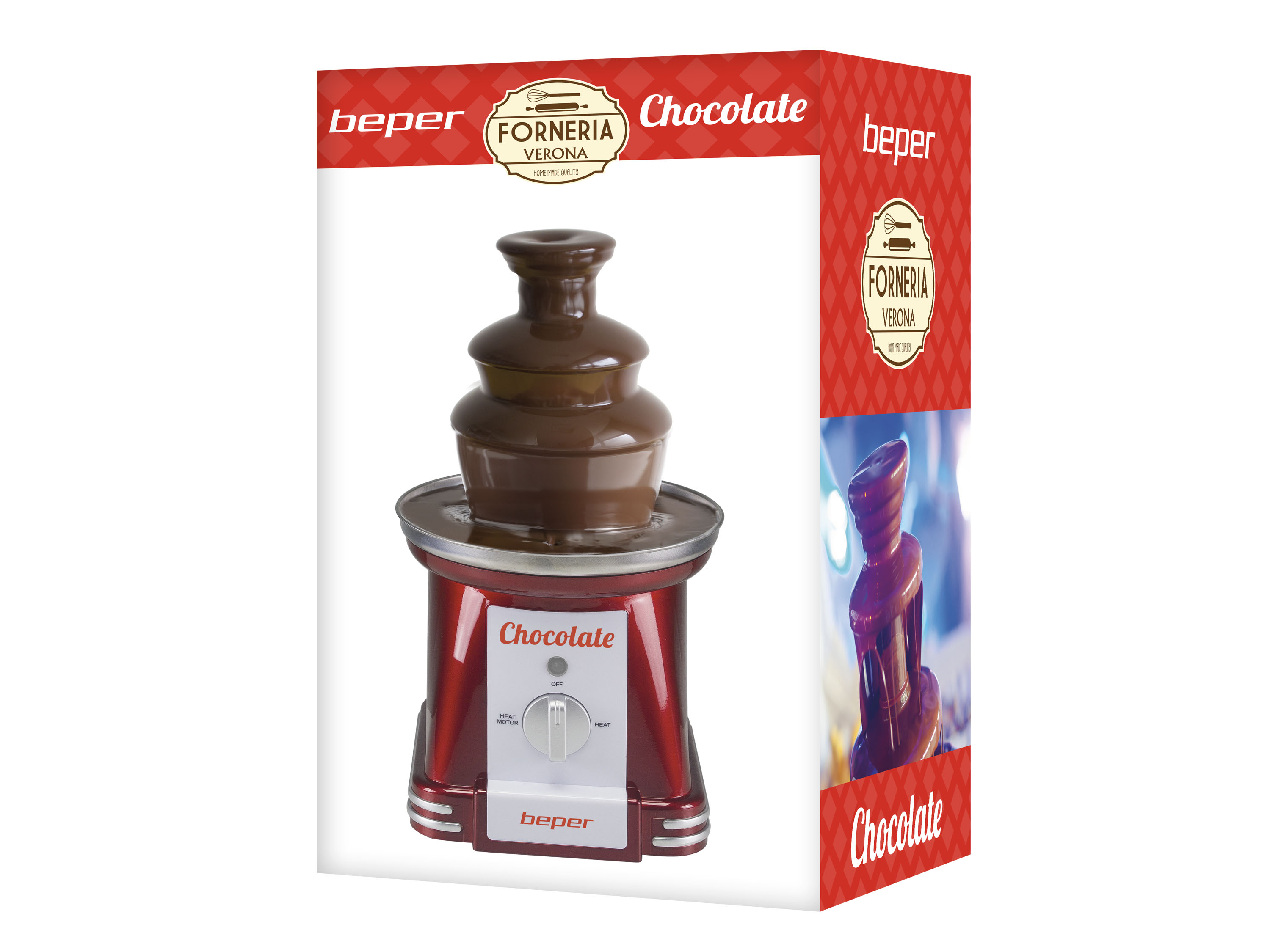 Una fontana di cioccolato, base rossa, e una scatola con l'immagine di una fontana di cioccolato. Marchi: beper, Forneria Verona.