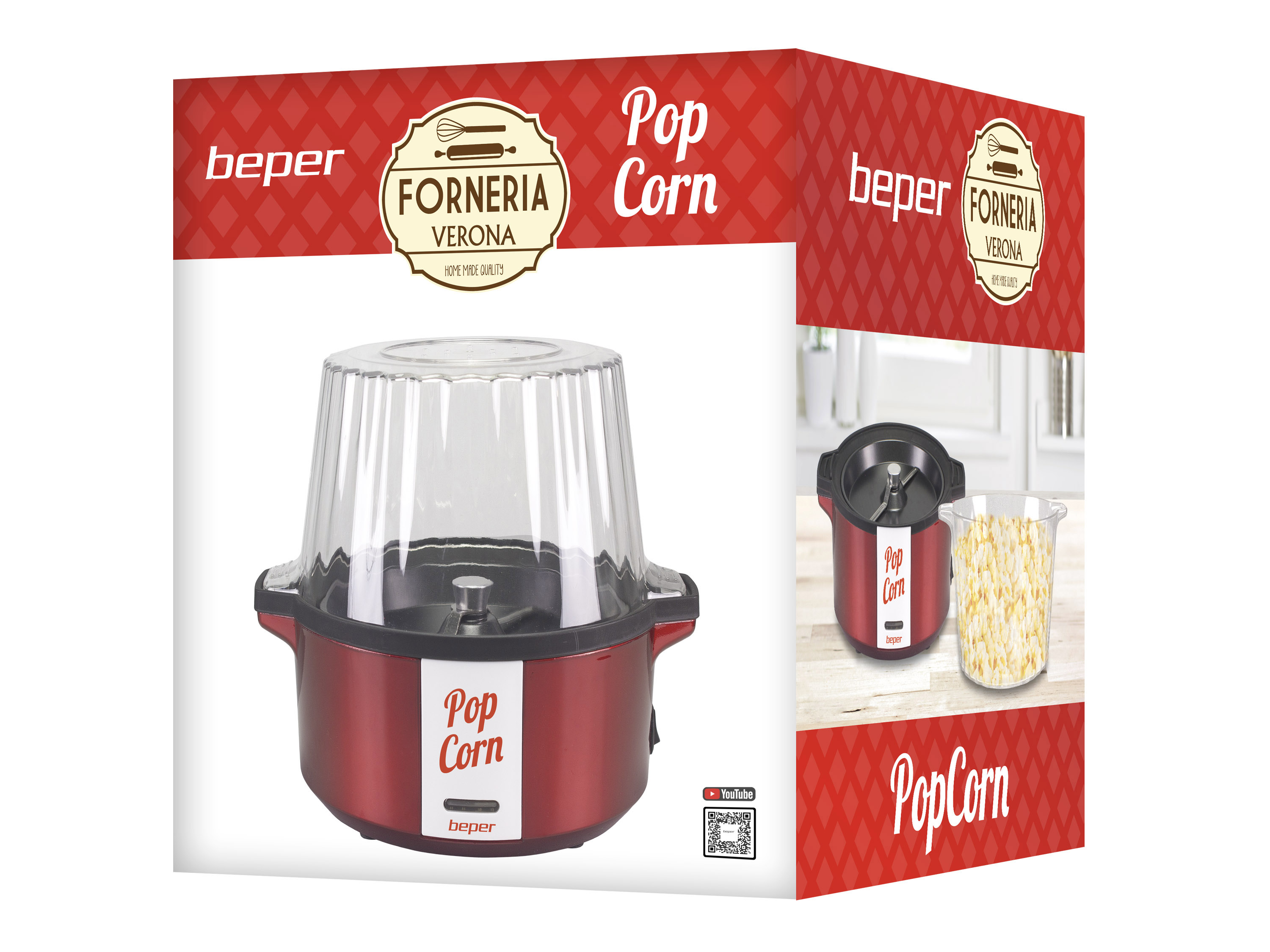 Una macchina per popcorn rossa con coperchio trasparente è su una scatola rossa e bianca. Il marchio è Beper. I popcorn sono in un contenitore.
