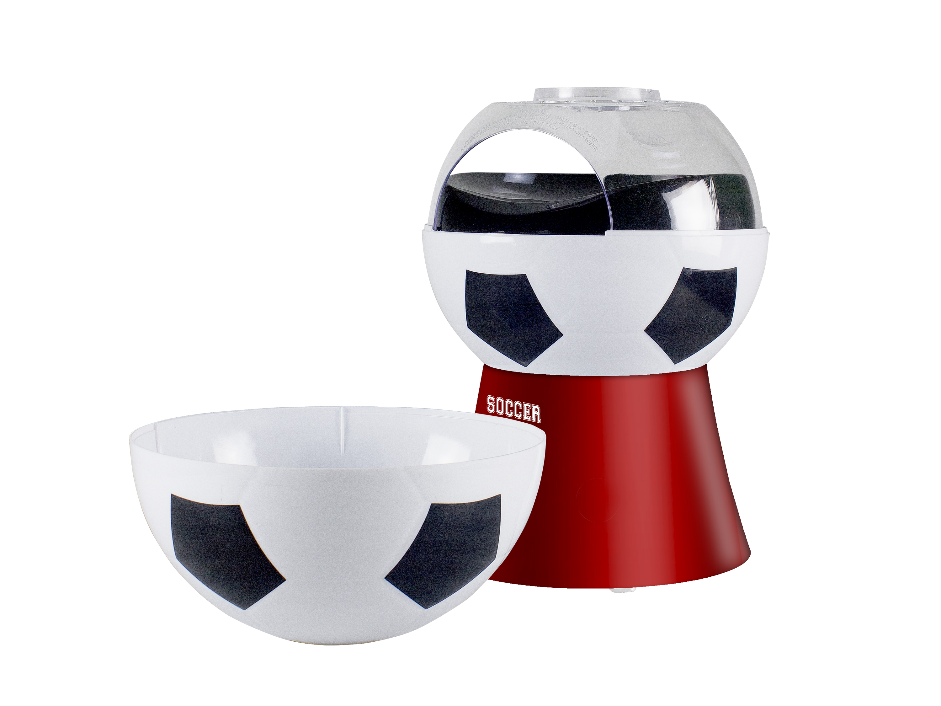 Una macchina per popcorn a tema calcio. Ha un design a pallone bianco e nero con base rossa. C'è una ciotola accanto.