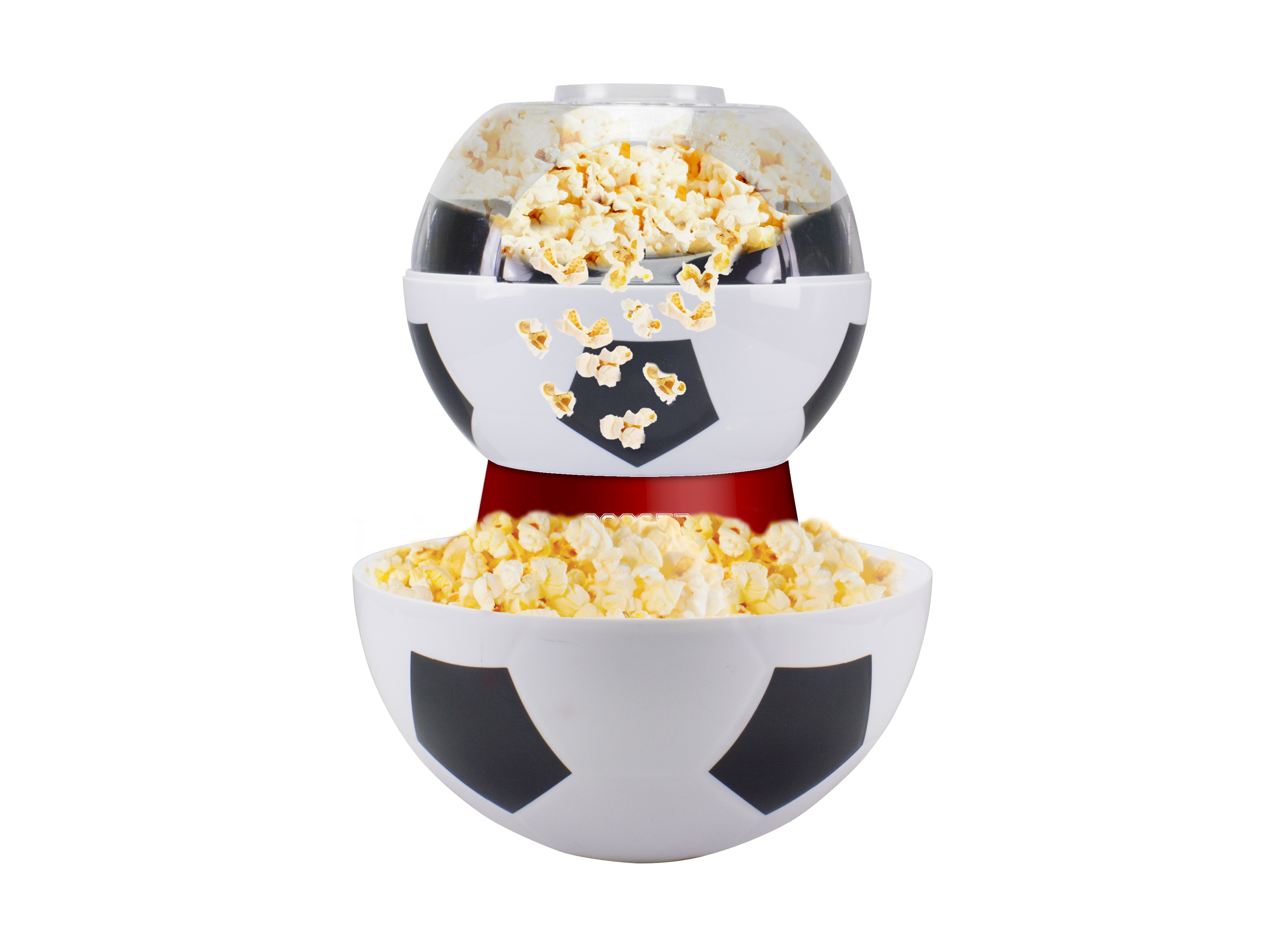 Una macchina per popcorn a forma di pallone da calcio sta facendo scoppiare popcorn in una ciotola. I chicchi cadono.