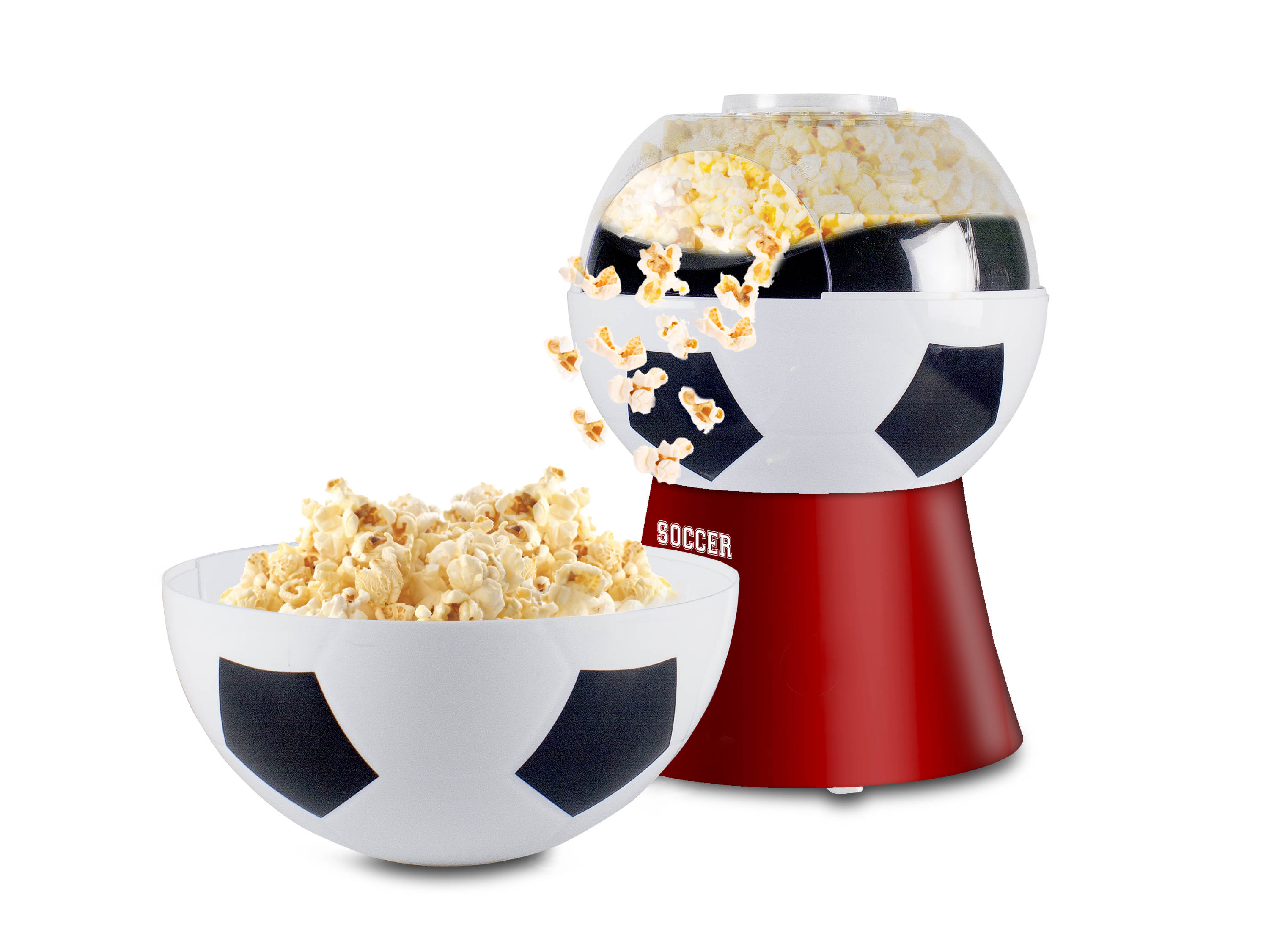 Una macchina per popcorn a tema pallone da calcio con popcorn che fuoriescono e cadono in una ciotola abbinata.