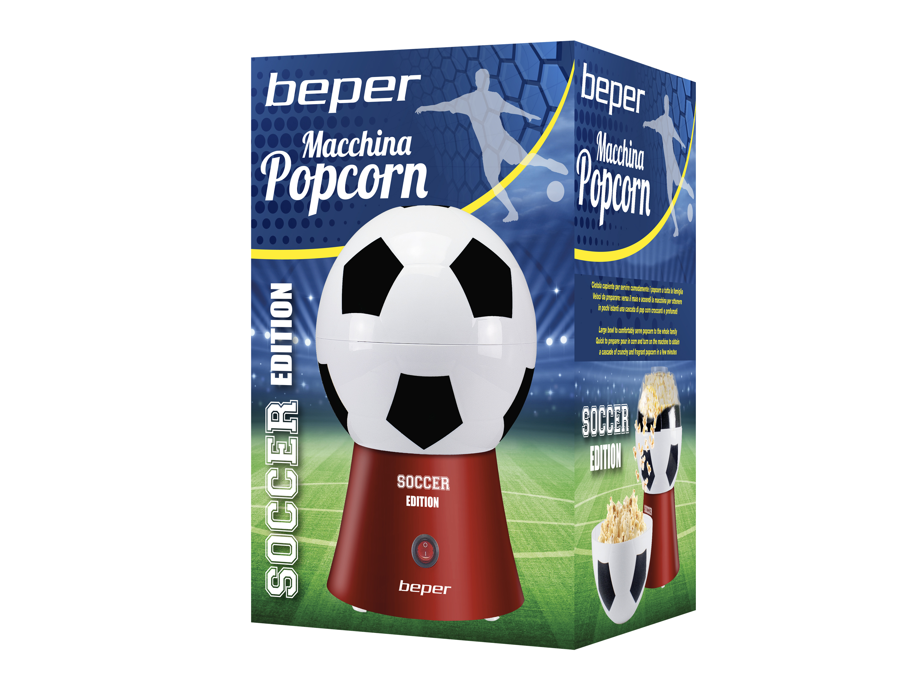 Una macchina per popcorn a forma di pallone da calcio. Ha una base rossa e un contenitore a forma di pallone. La scatola dice 'Soccer Edition'.