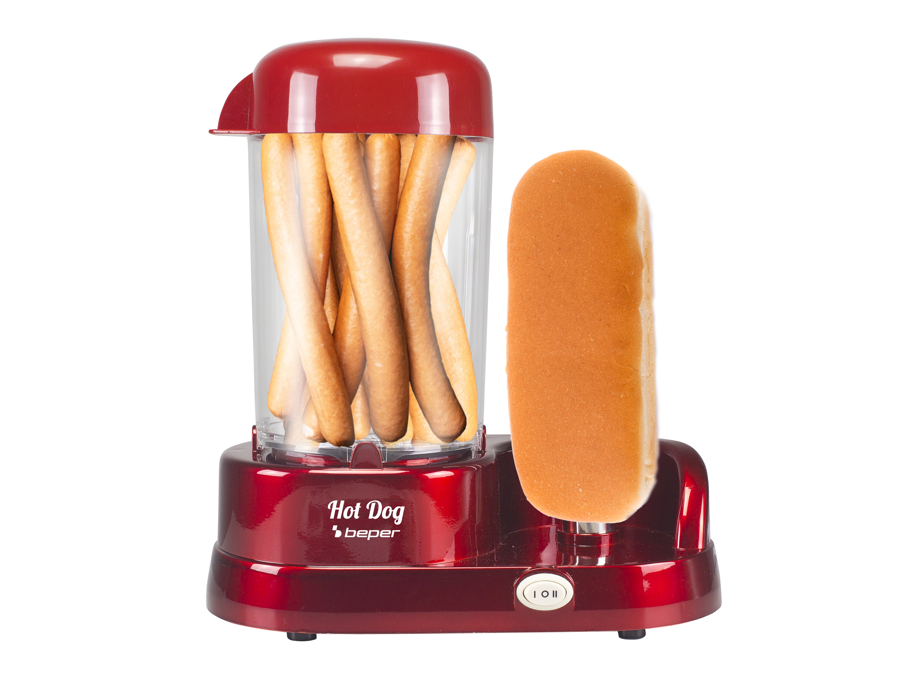 Un'hot dog maker rosso con hot dog all'interno e un panino di lato. Il marchio è 'beper'.