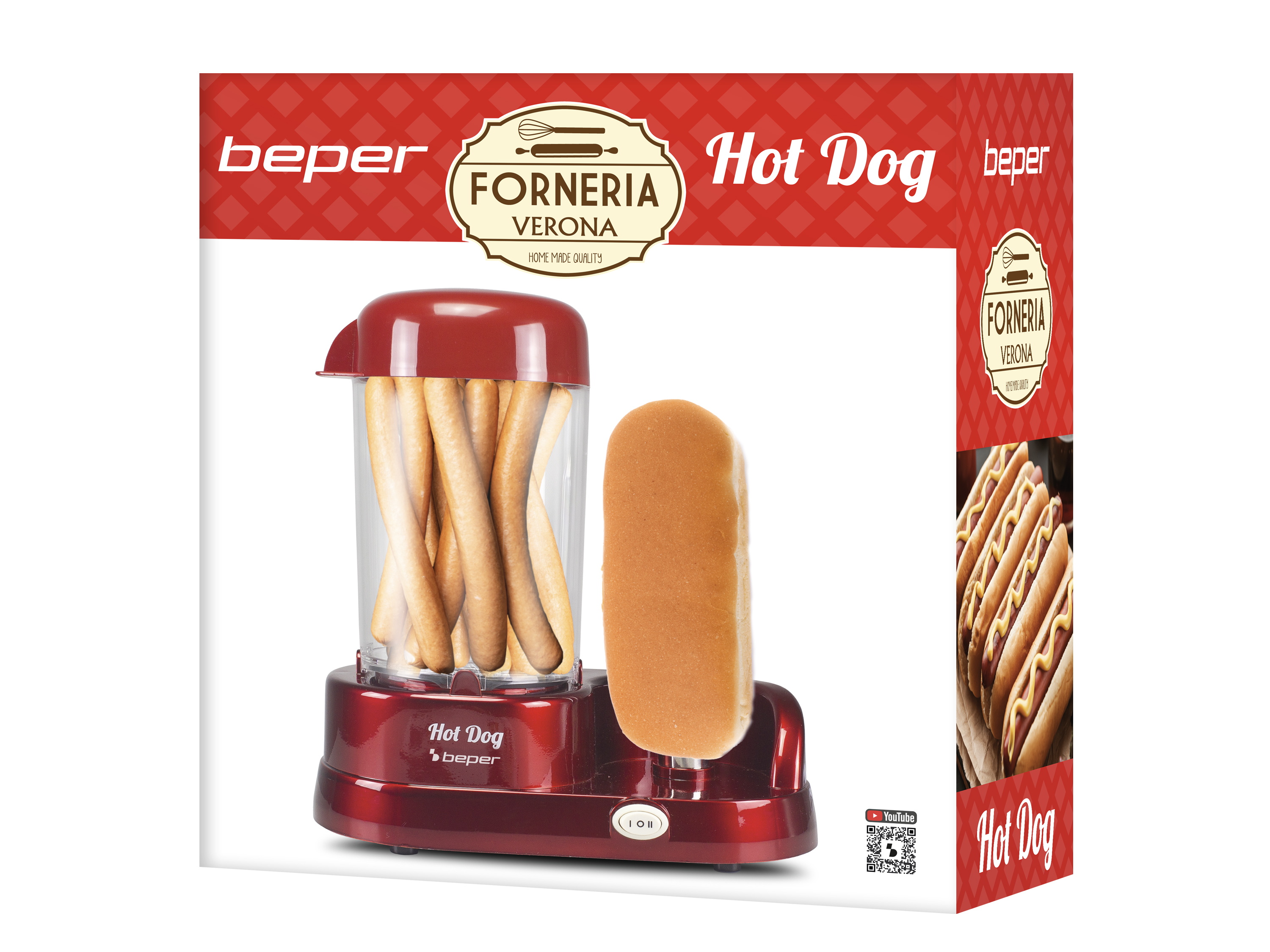 Una macchina per hot dog rossa con un panino e grissini. La scatola ha loghi e testo, tra cui 'Hot Dog' e 'beper'.