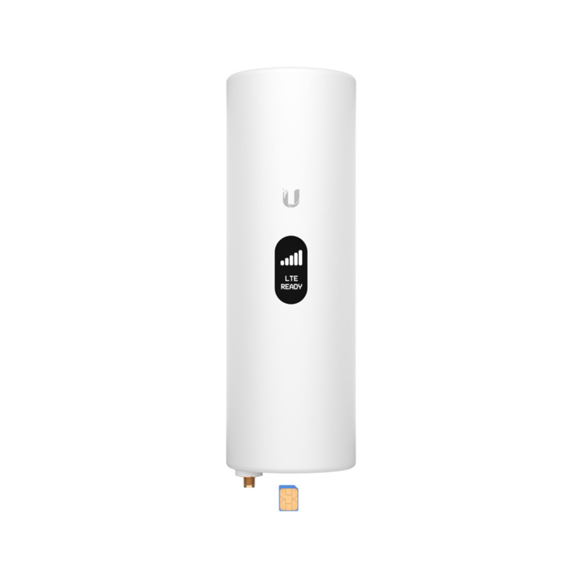 Dispositivo LTE cilindrico bianco con indicatore di segnale. Una SIM in basso. Il dispositivo è su sfondo bianco.
