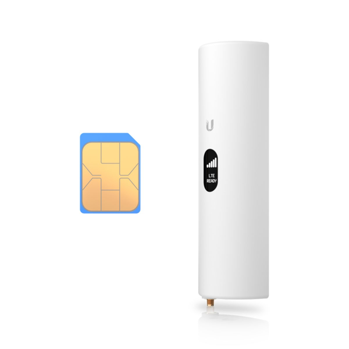 Un dispositivo cilindrico bianco con un indicatore LTE Ready e una scheda SIM. La scheda SIM è blu e oro.