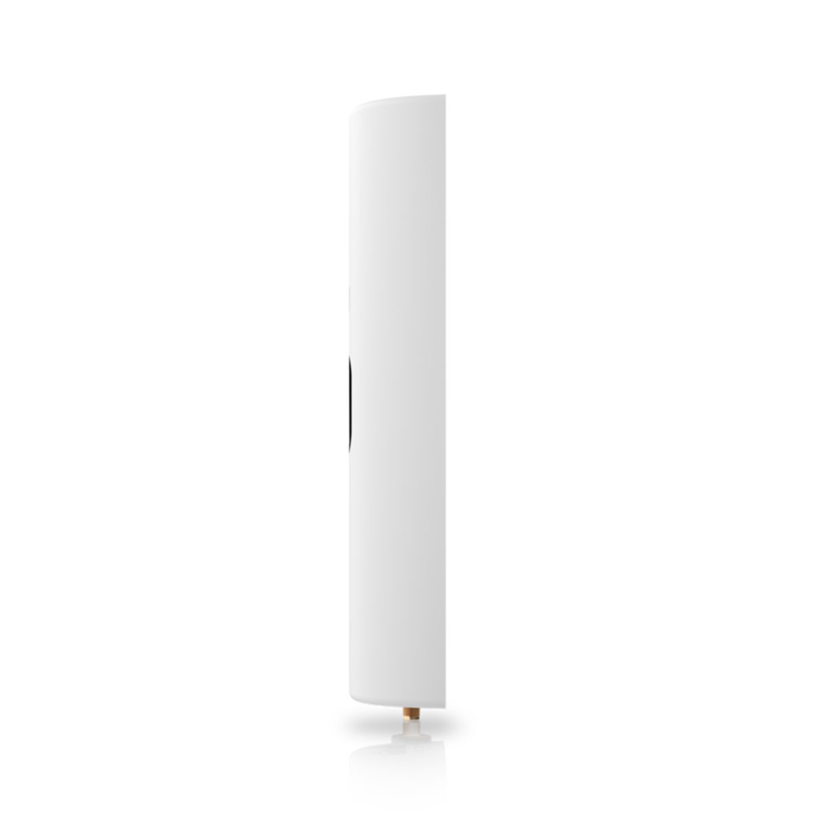 Un dispositivo bianco e rettangolare è in verticale su uno sfondo bianco. Ha un dettaglio nero e una piccola base dorata.