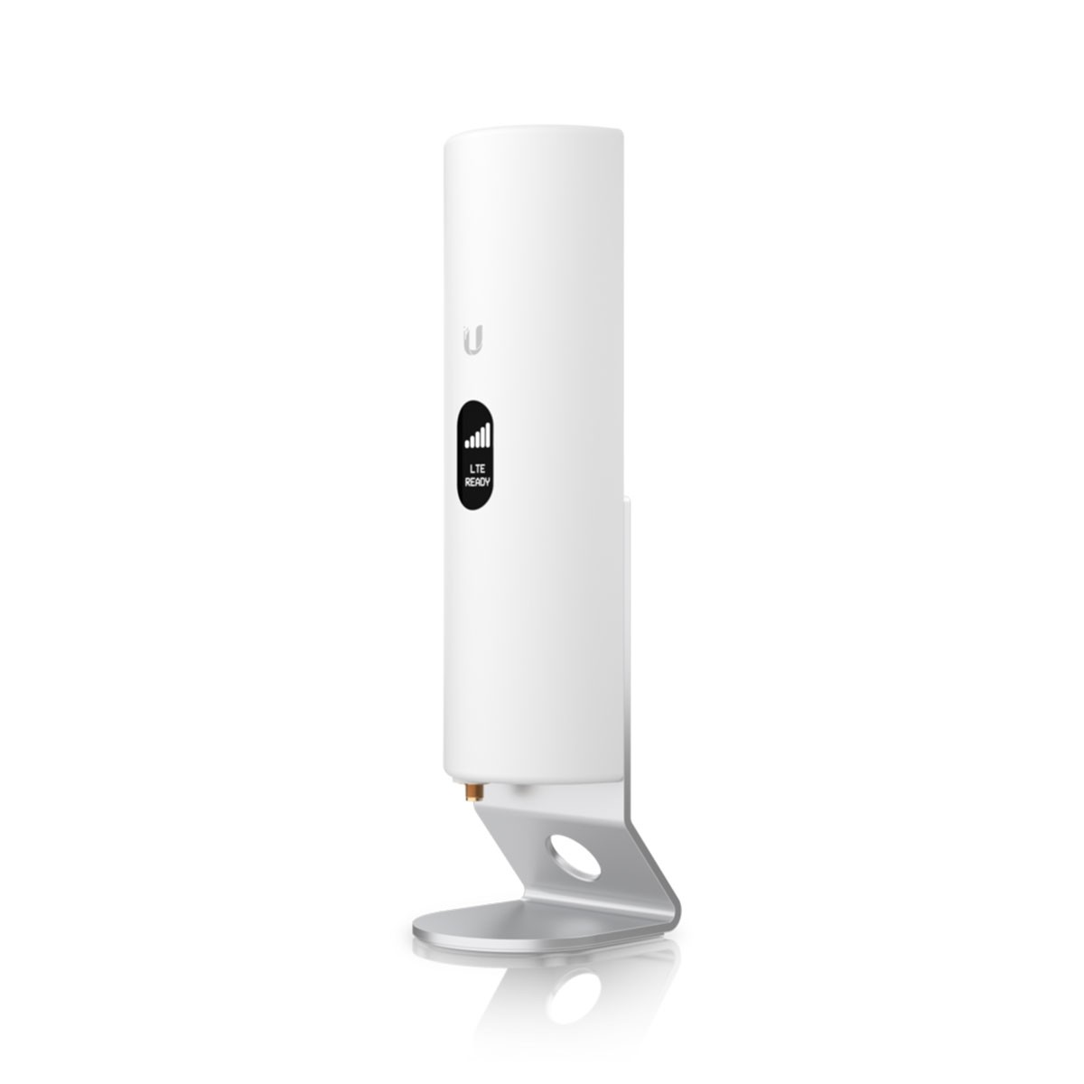 Un'antenna cellulare bianca con supporto argentato. Ha un display LTE ready e un logo 'U'. Lo sfondo è bianco.