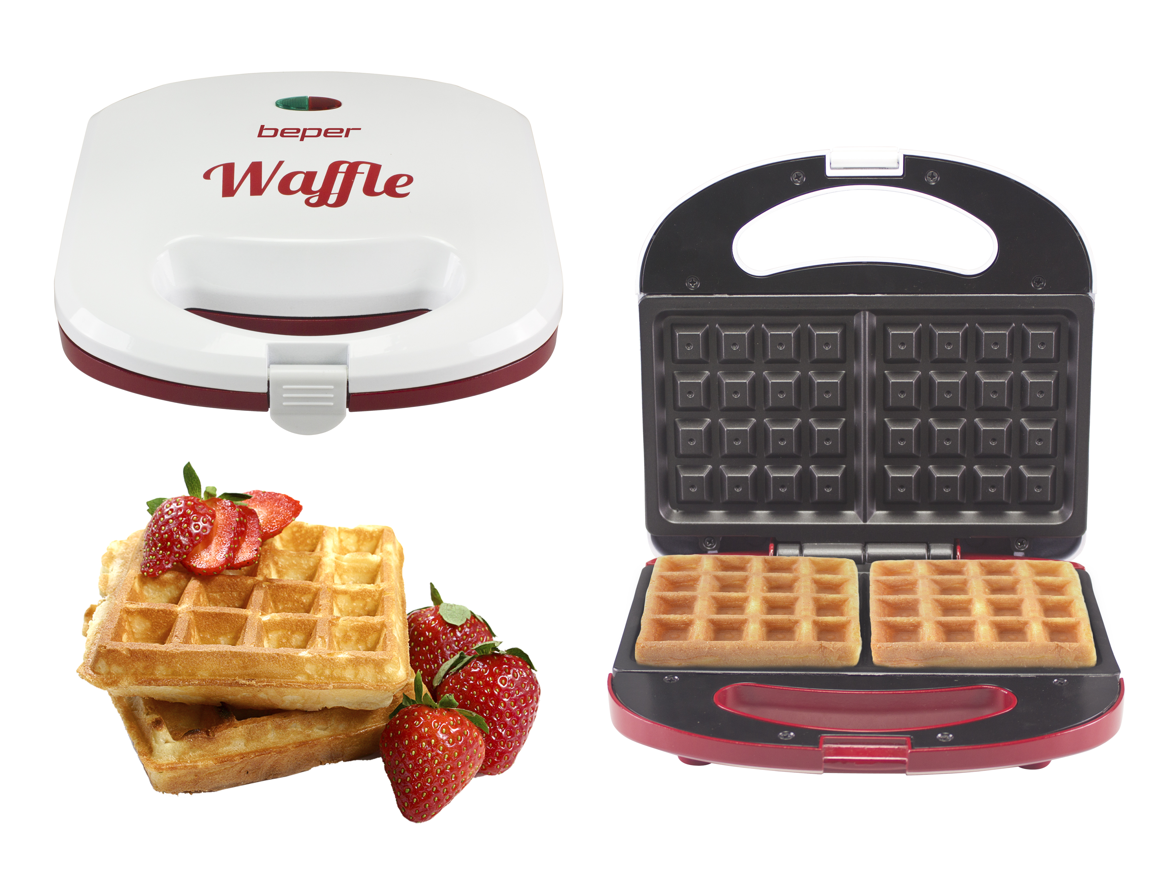 Macchina per waffle con waffle e fragole. Il ferro è bianco e rosso, con la parola "Waffle".