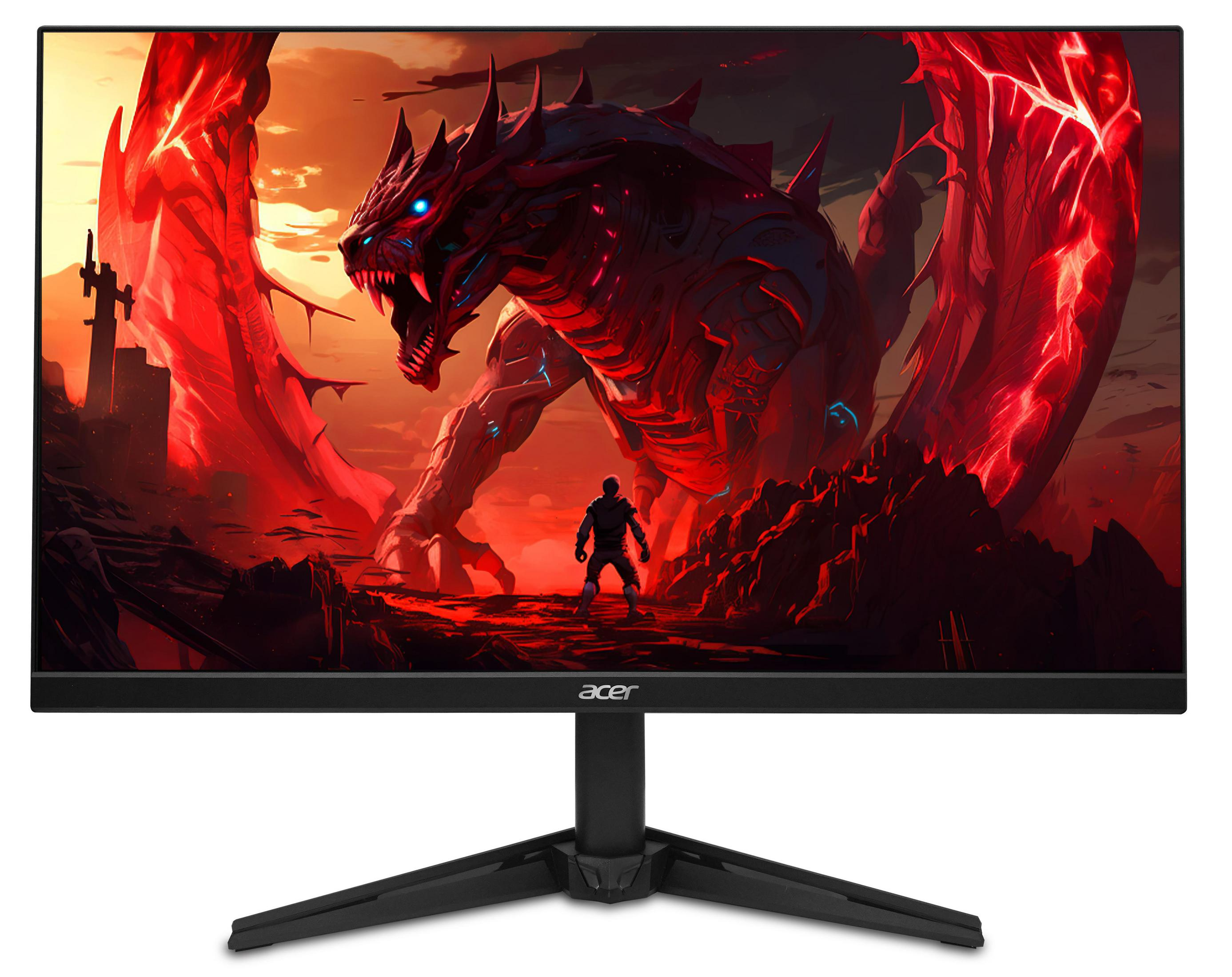 Ein Monitor zeigt einen feurigen Drachen vor rotem Himmel, mit einer Person davor.