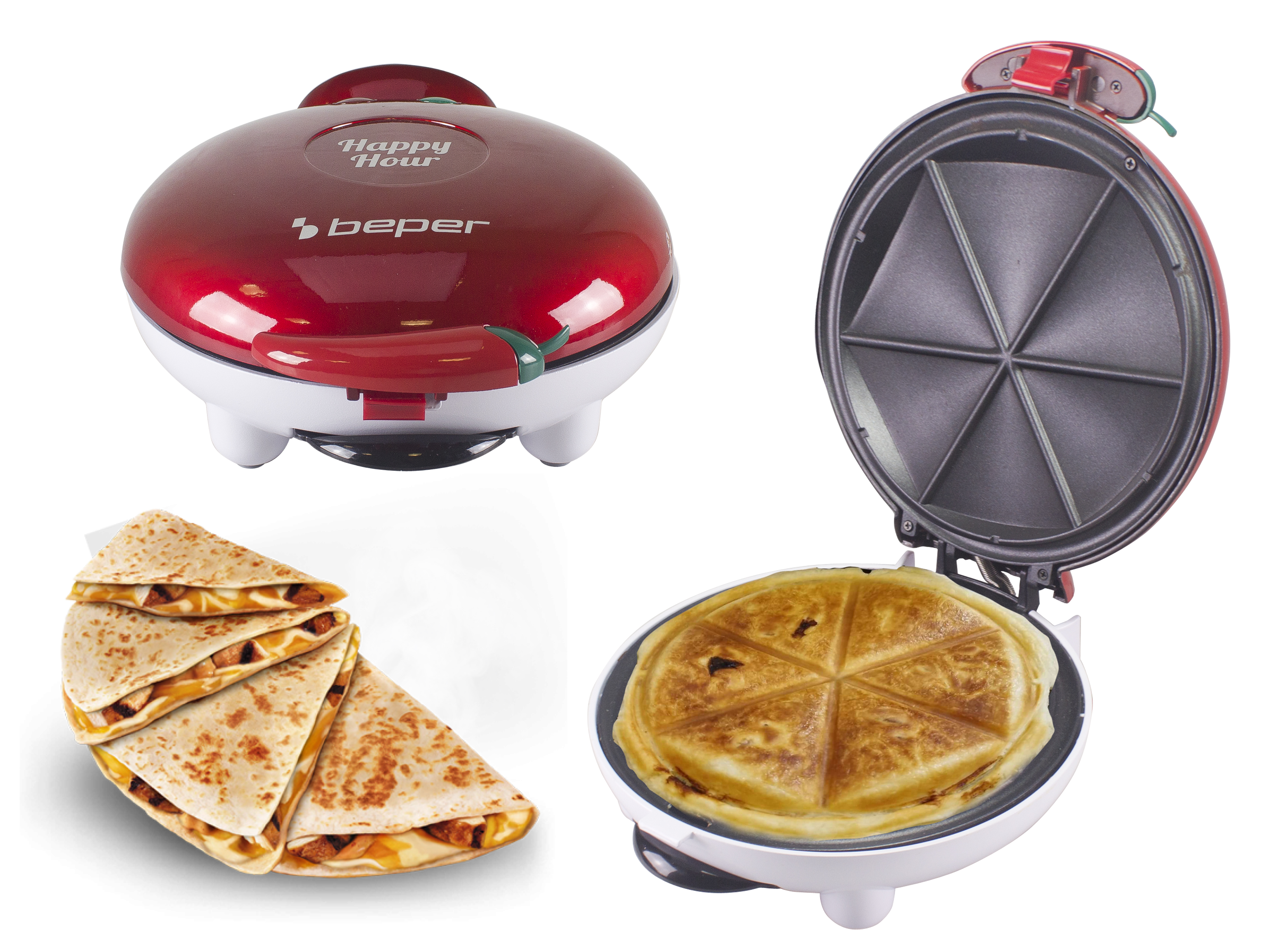Una macchina per quesadillas rossa aperta con cibo cotto all'interno e una pila di quesadillas a sinistra.