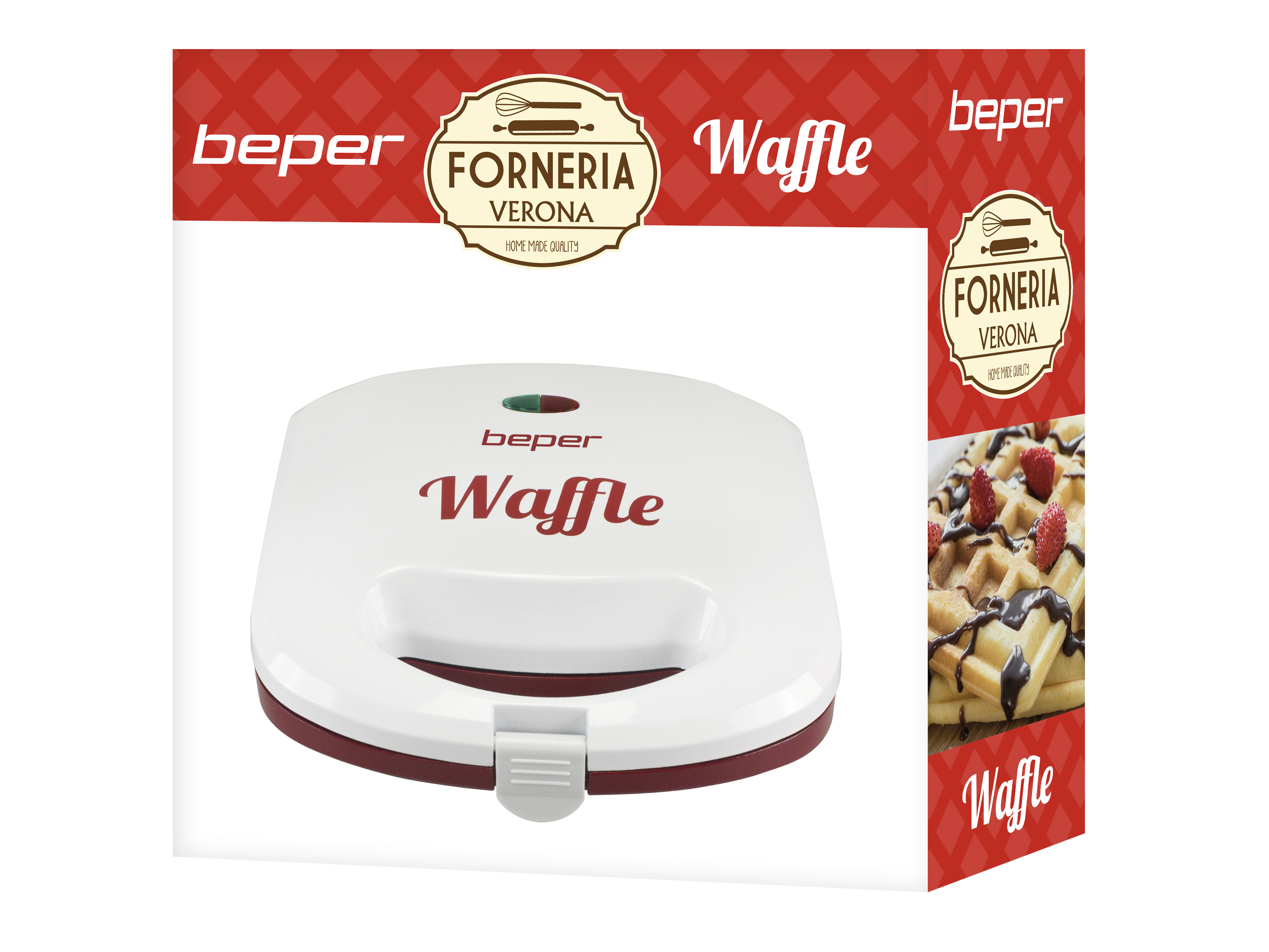 Una macchina per waffle bianca con base rossa e la parola 'Waffle'. Un'immagine laterale mostra waffle con cioccolato e fragole.