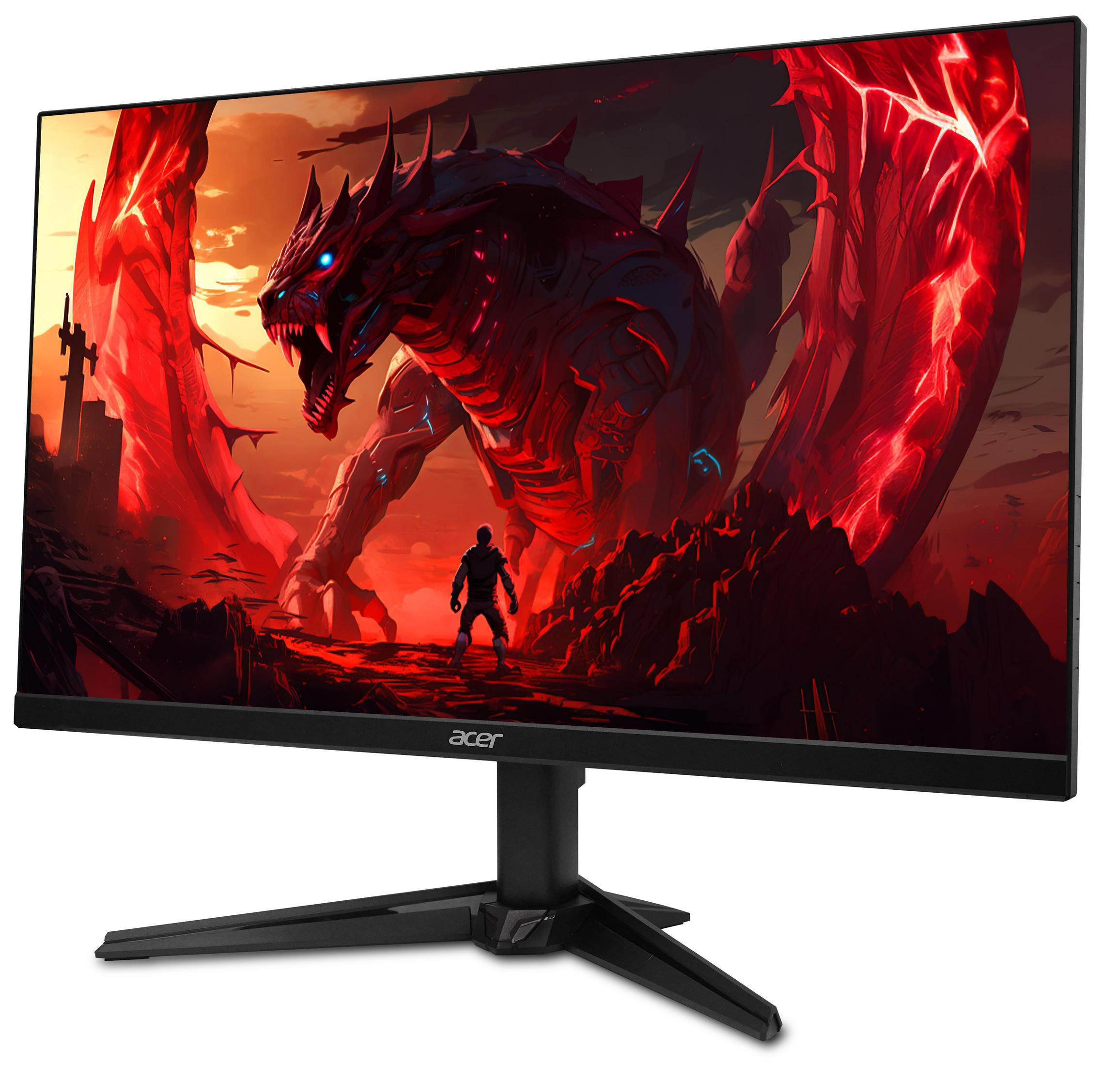 Acer-Monitor zeigt eine Fantasieszene: einen Drachen und eine Figur davor. Rote und orange Farbe dominieren die Szene.