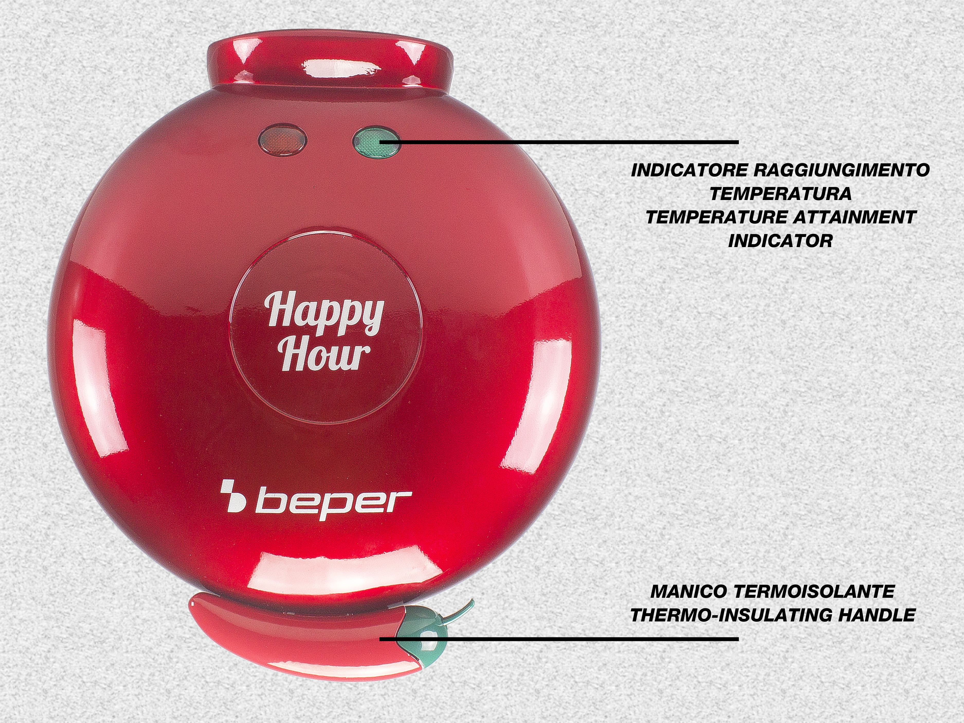 Un elettrodomestico rosso con testo 'Happy Hour' e manico a forma di peperoncino.