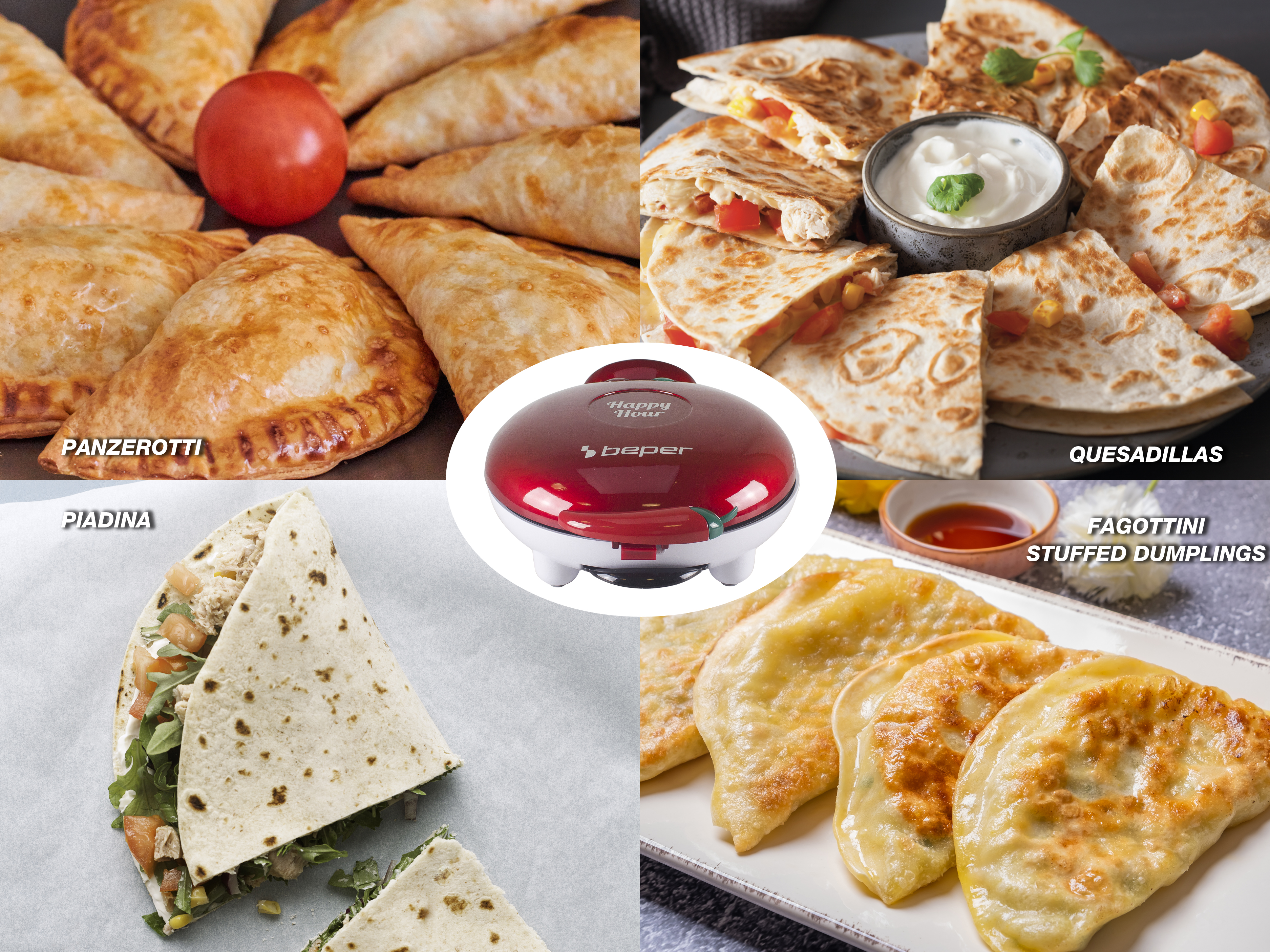 L'immagine mostra un apparecchio rosso Beper Happy Hour. Intorno ci sono panzerotti, quesadillas, piadina e fagottini ripieni.