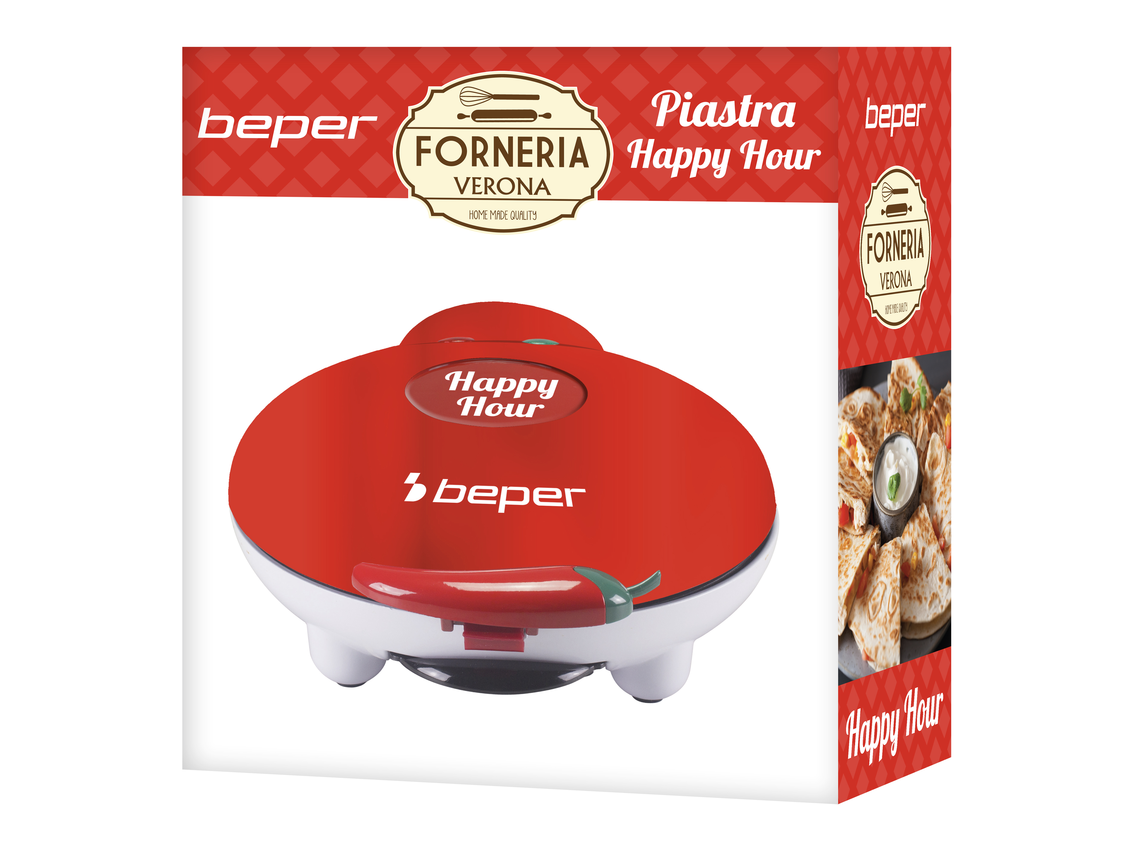 Piastra Beper Happy Hour rossa. Include una maniglia rossa a forma di peperoncino. Un display mostra Happy Hour. La scatola mostra quesadillas.