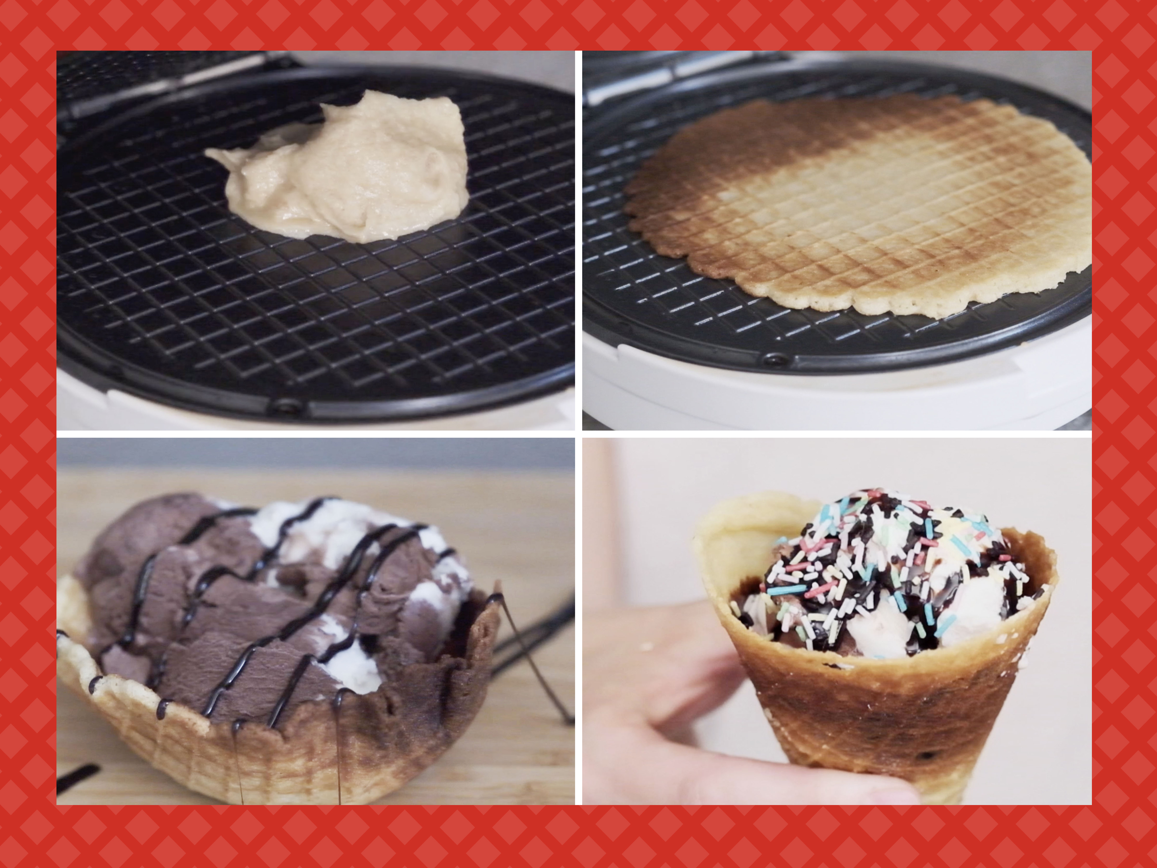 Una piastra per waffle con pastella, un waffle cotto, gelato in un cono waffle e un cono pieno di gelato e zuccherini.