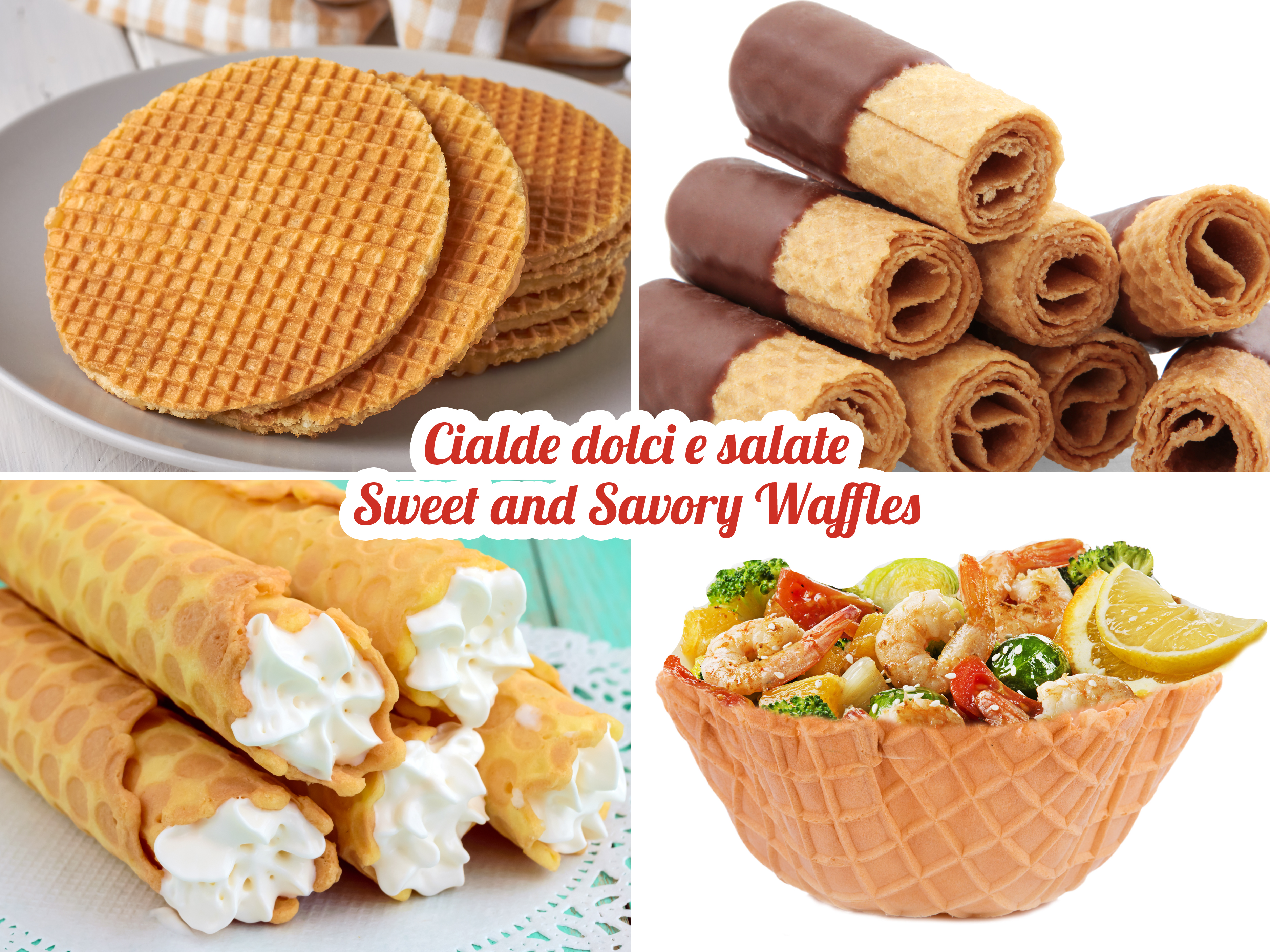 Un'immagine con waffle dolci e salati. Include waffle rotondi, rotoli ricoperti di cioccolato, rotoli ripieni di crema e una ciotola di waffle con cibo.