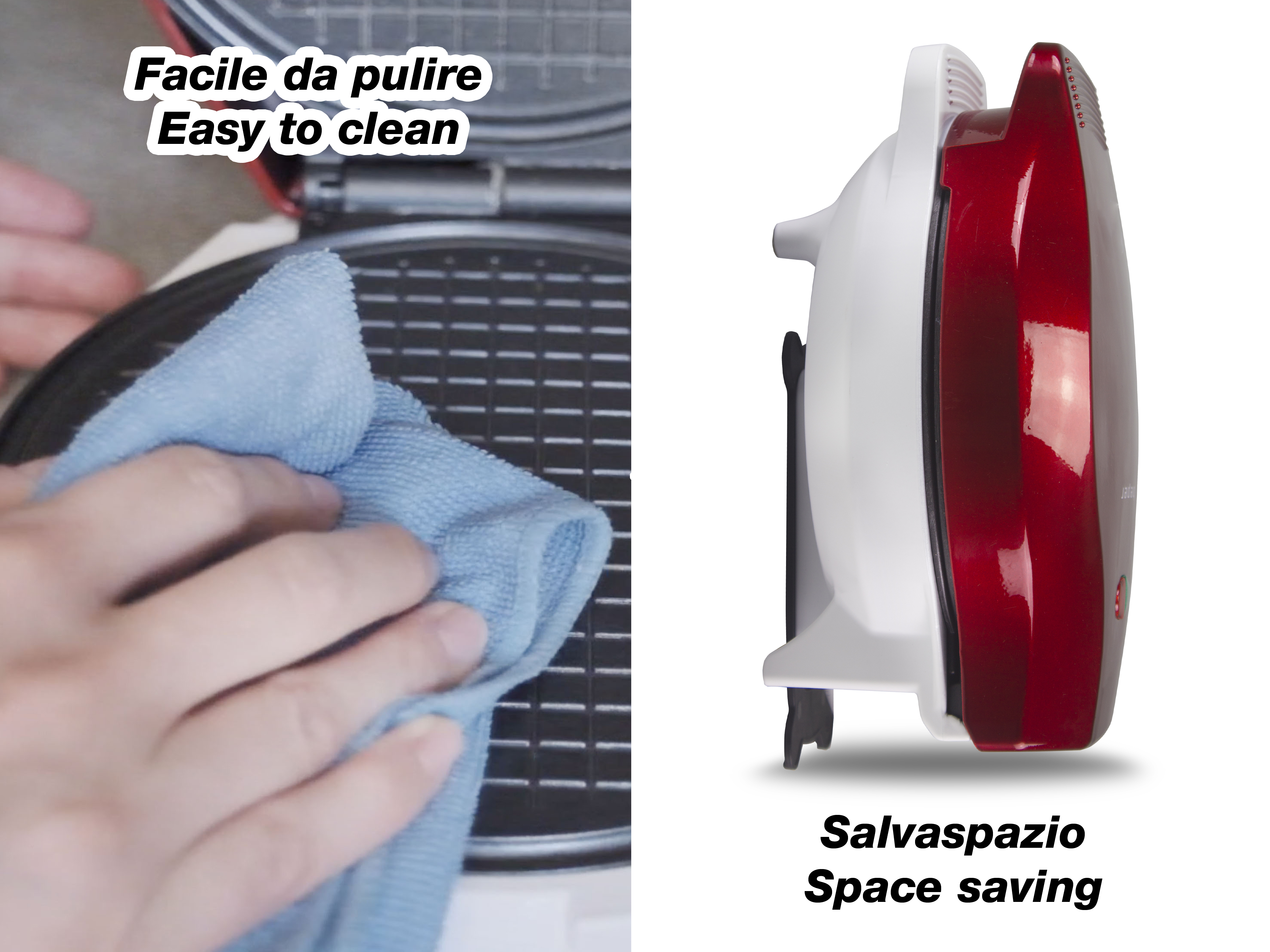 Una persona pulisce una macchina per waffle con un panno blu. A destra c'è una macchina per waffle rossa e bianca.