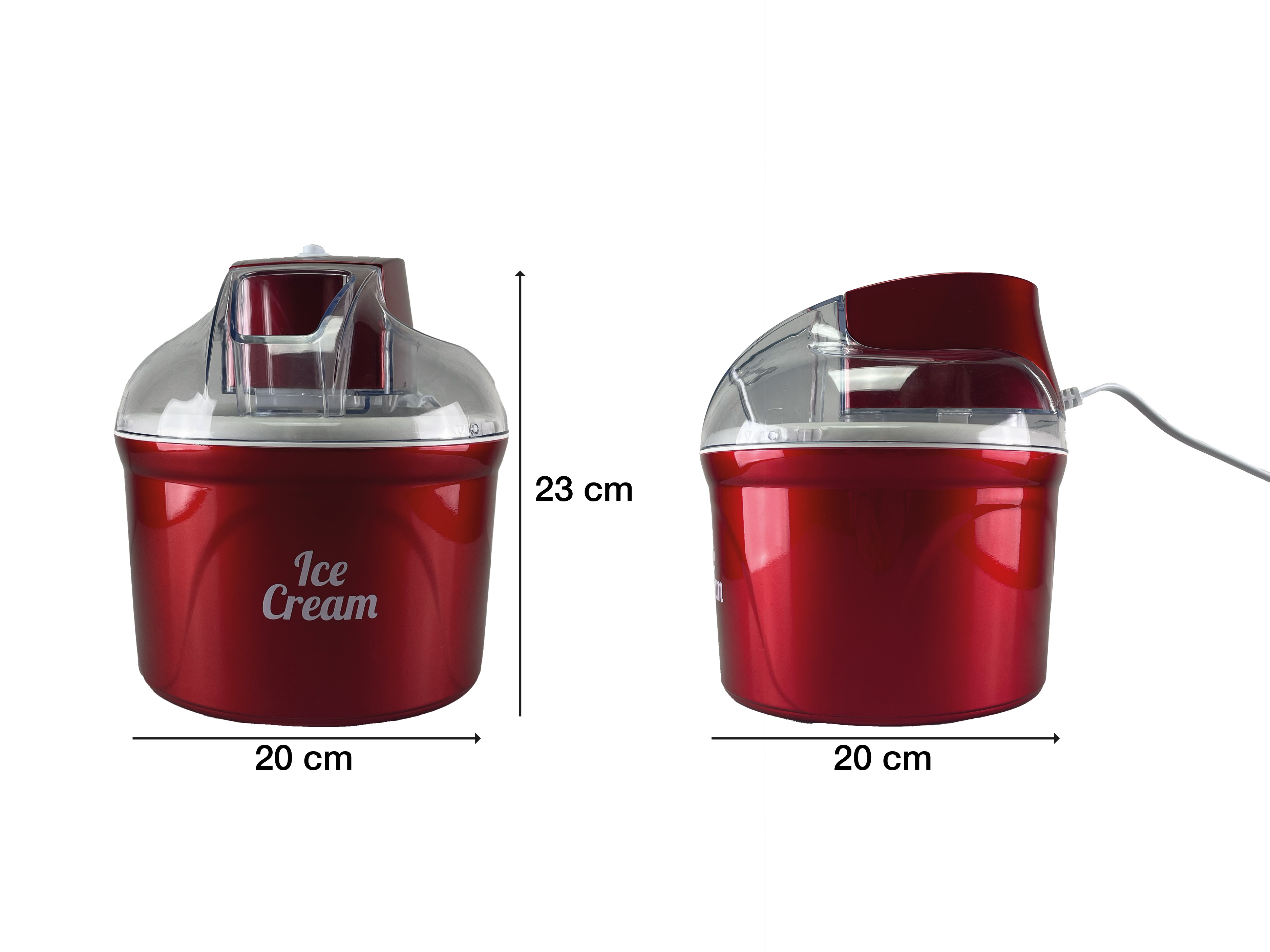 Due gelatiere rosse, larghe 20 cm e alte 23 cm, su sfondo bianco. Una ha un cavo.