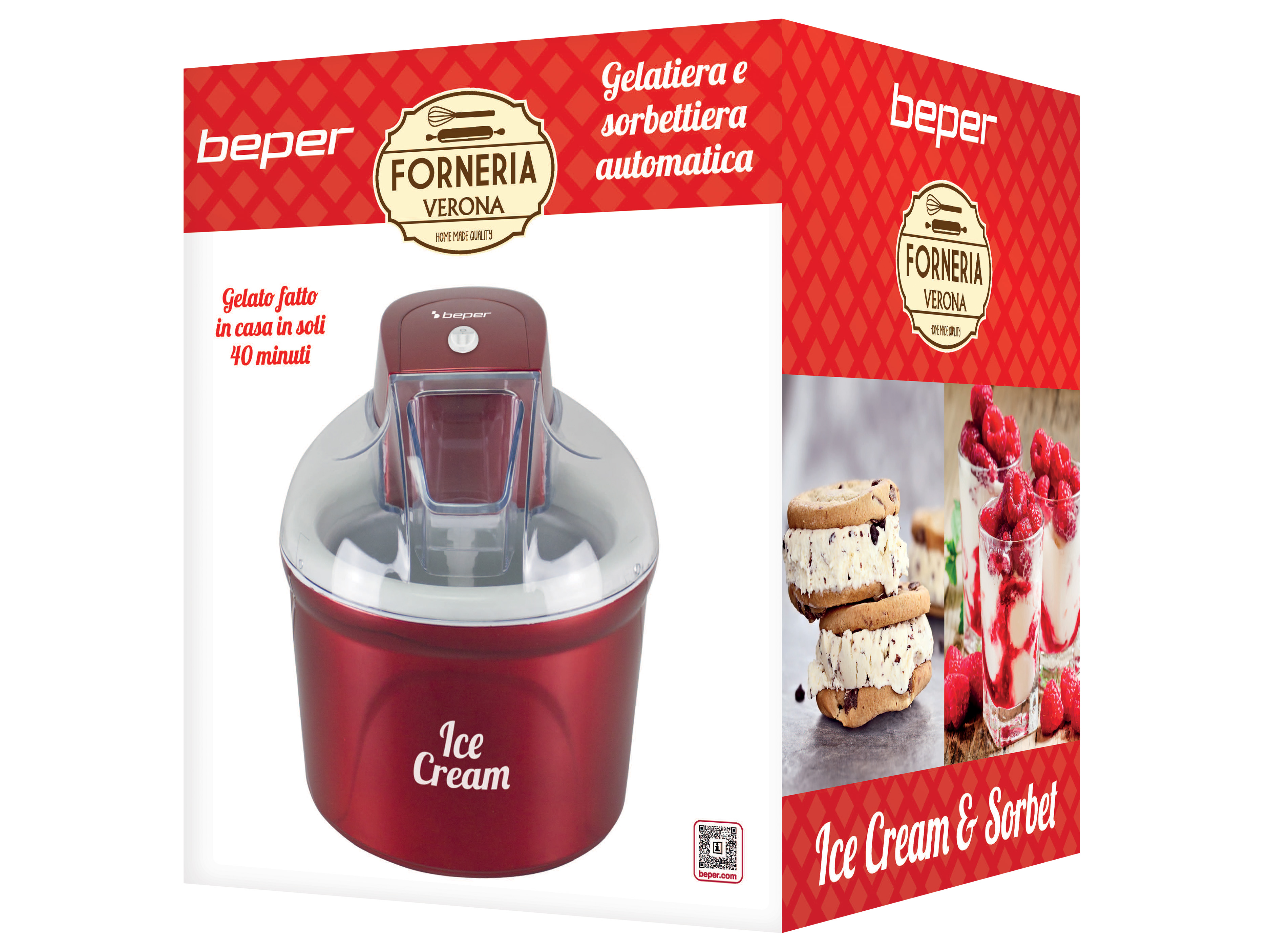 Una gelatiera rossa con la scritta 'Ice Cream' è sulla scatola. La scatola mostra anche gelato e sorbetto.