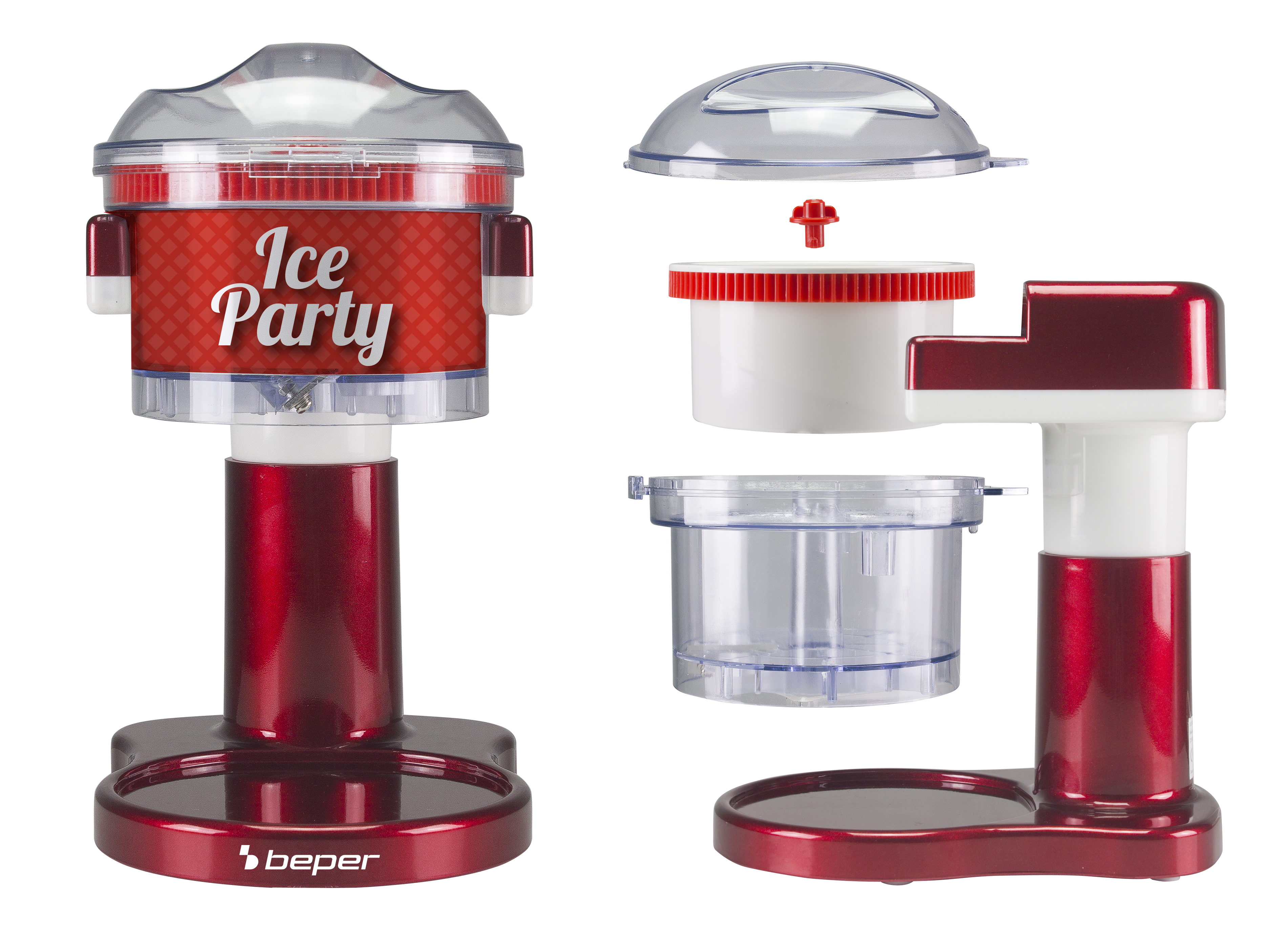 Una gelatiera rossa e bianca, smontata. Le parti includono una base, un corpo principale con "Ice Party" e un coperchio.