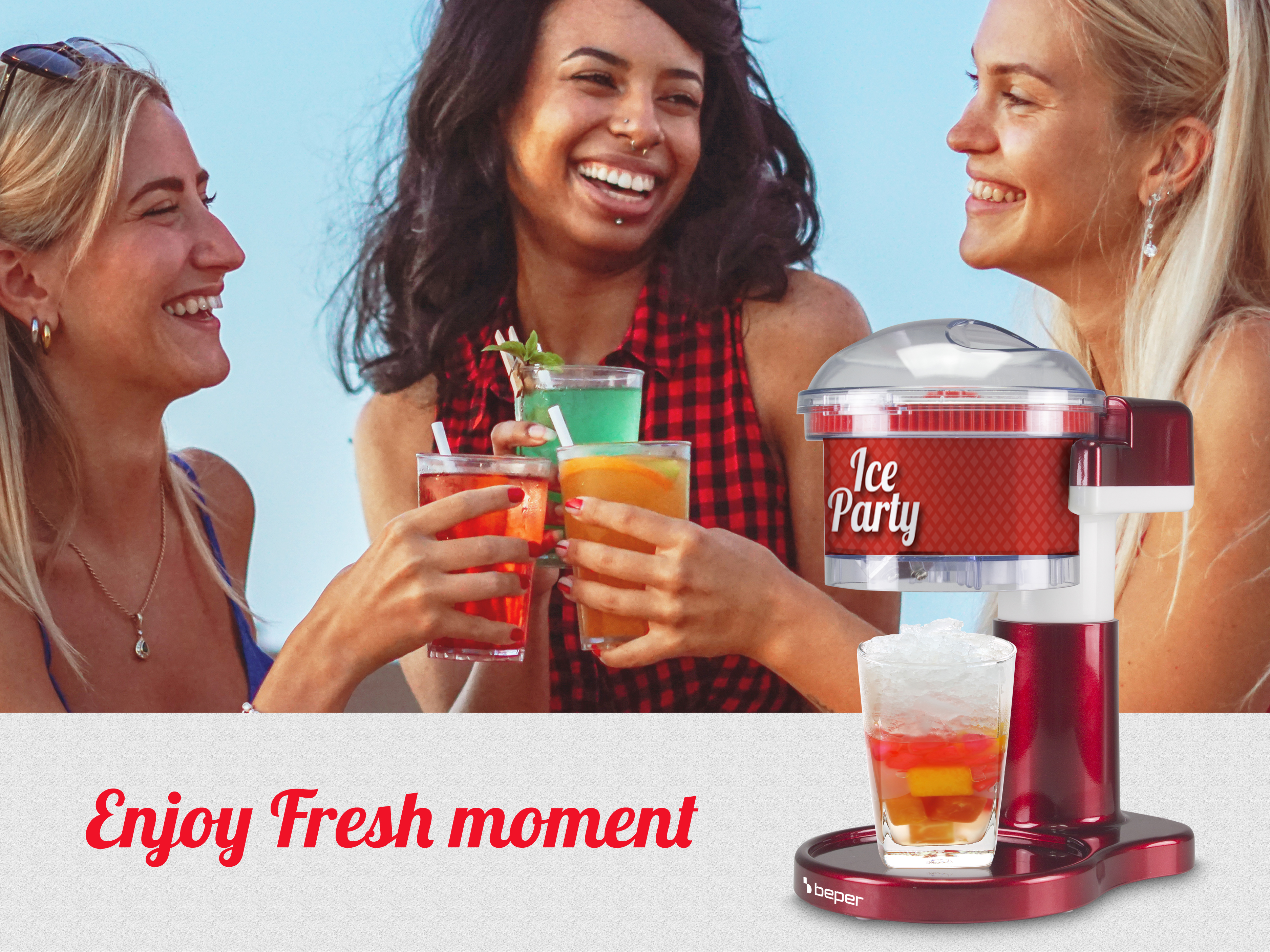Tre donne sorridenti con bevande colorate, una gelatiera e il testo 'Enjoy Fresh moment'.