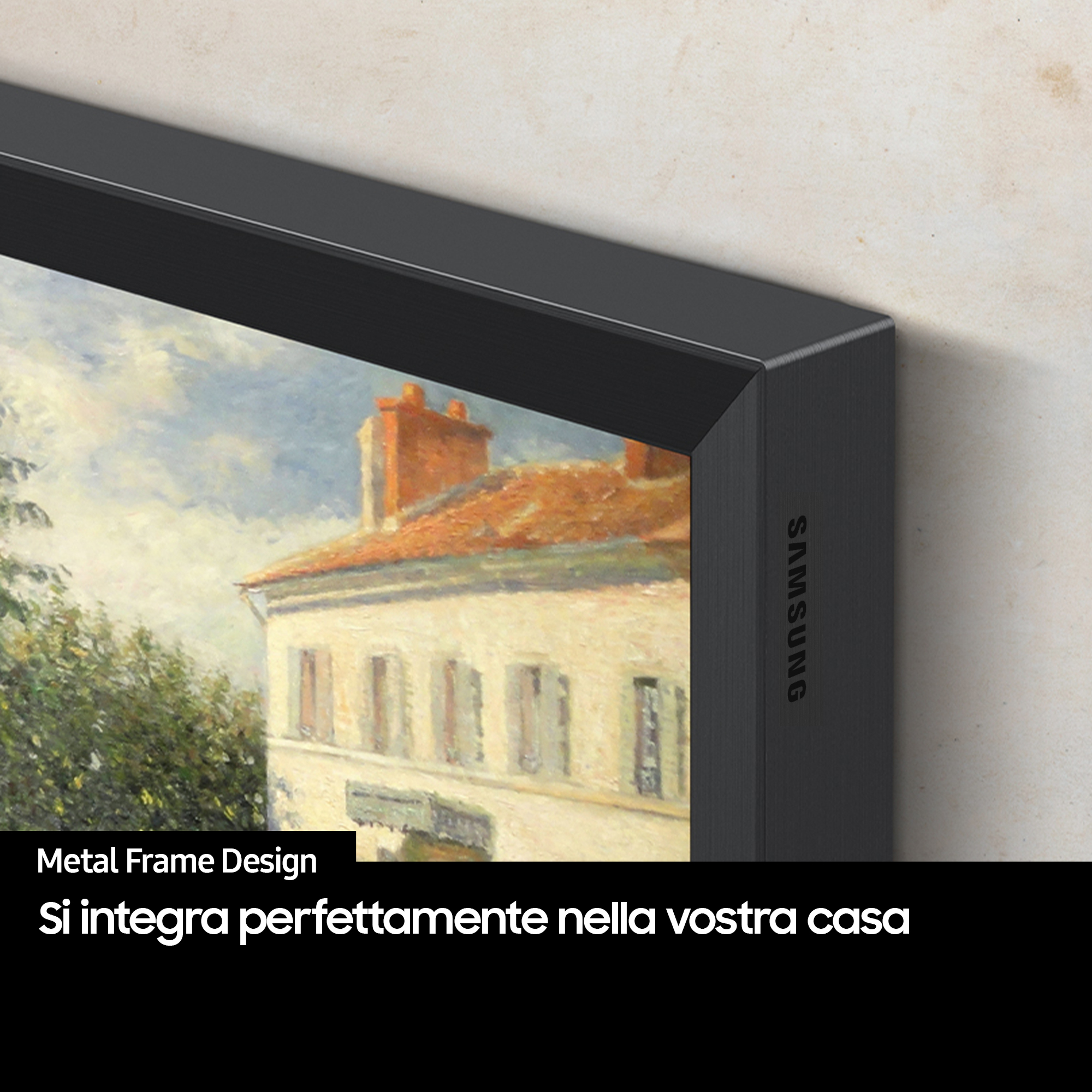 Una pintura enmarcada en negro, que representa un edificio con techo rojo, árboles y cielo azul. El marco tiene un logo de Samsung.