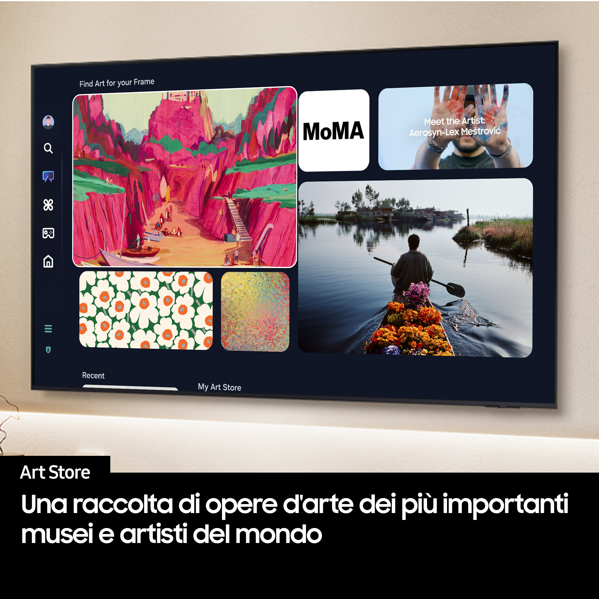 Una pantalla de TV muestra opciones de arte. Incluye pinturas, el logo de MoMA y un artista. El texto dice 'Art Store'.