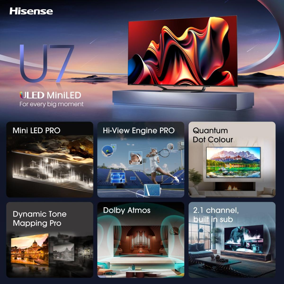 Telewizor Hisense U7 MiniLED. Funkcje: Mini LED Pro, Hi-View Engine Pro, Quantum Dot Color, Dynamic Tone Mapping Pro, Dolby Atmos i dźwięk 2.1 kanału.